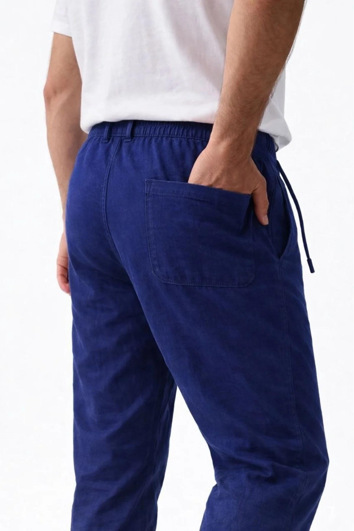 Erkek Keten Cepli Pantolon Lastikli Bel Bağcıklı Önden Fermuarlı - İndigo