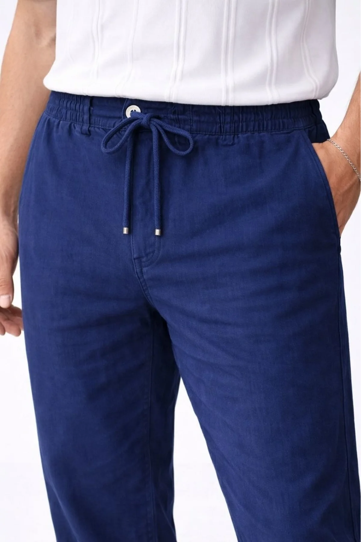 Erkek Keten Cepli Pantolon Lastikli Bel Bağcıklı Önden Fermuarlı - İndigo