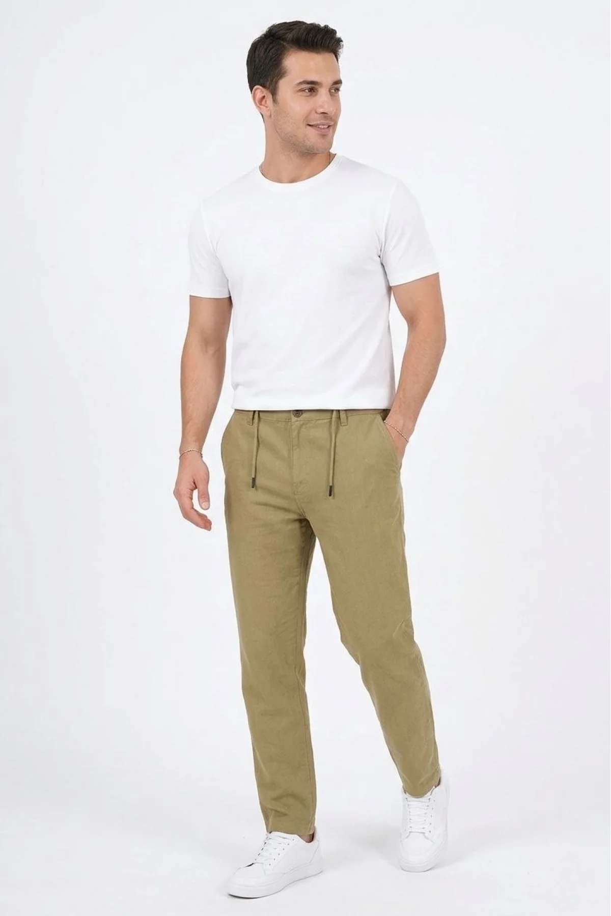 Erkek Keten Cepli Pantolon Lastikli Bel Bağcıklı Önden Fermuarlı - Mint Yeşili