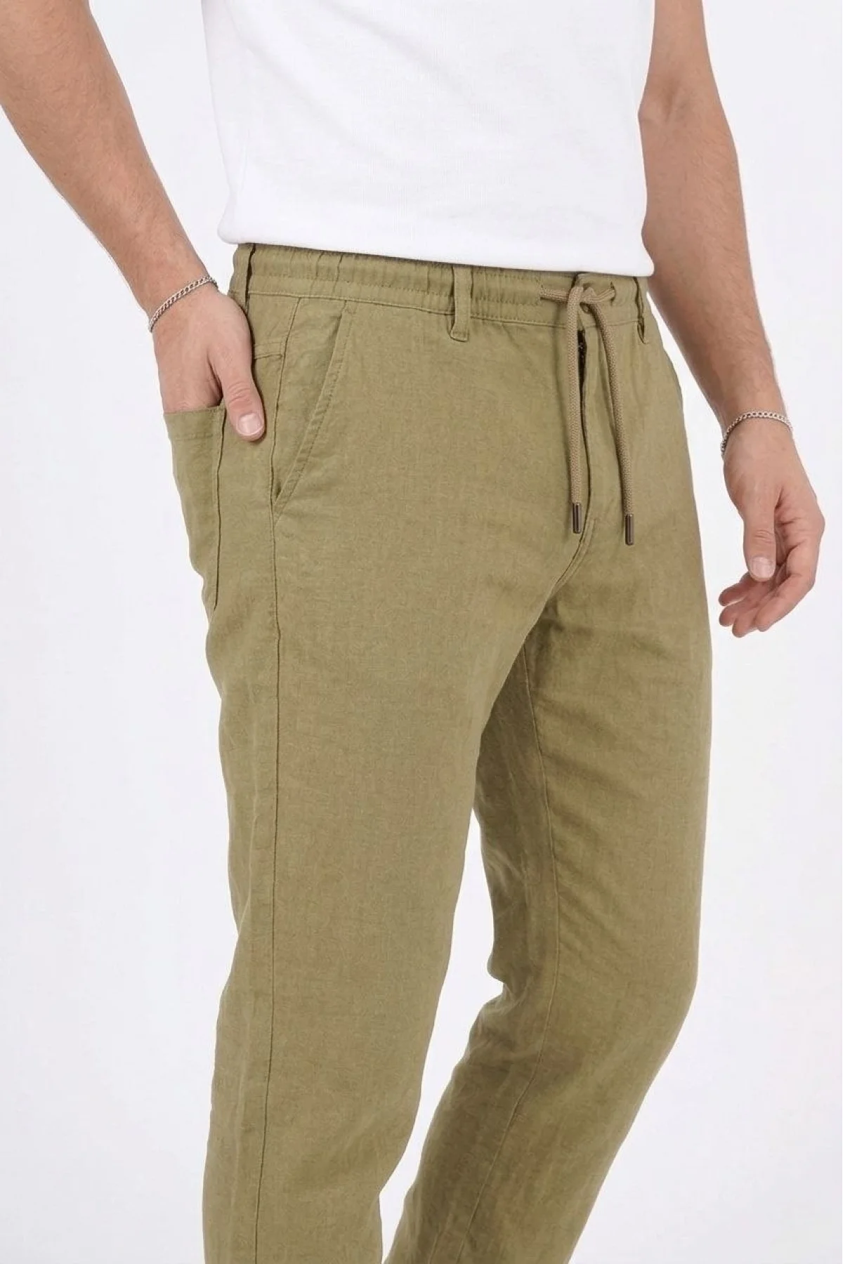 Erkek Keten Cepli Pantolon Lastikli Bel Bağcıklı Önden Fermuarlı - Mint Yeşili