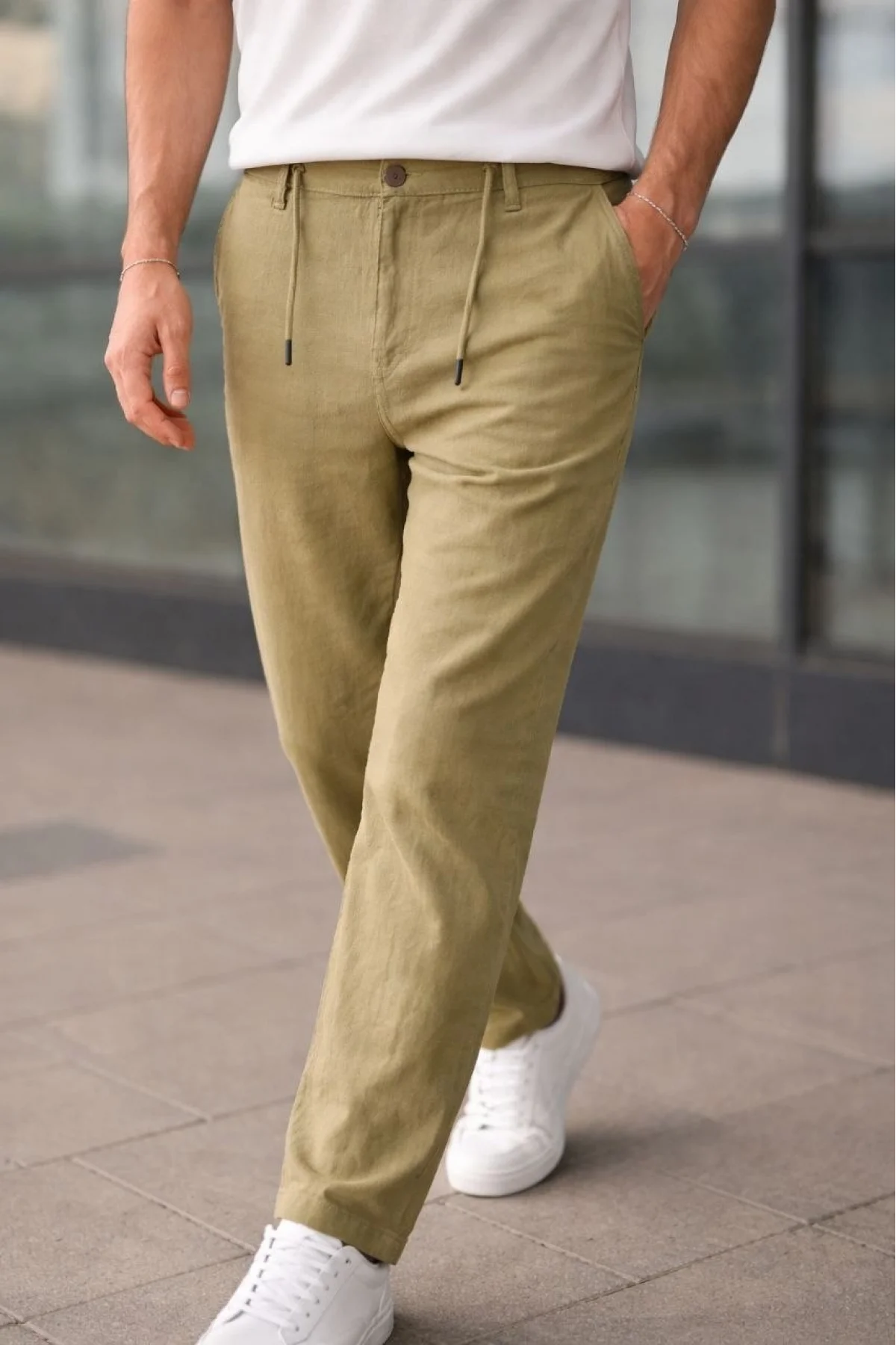 Erkek Keten Cepli Pantolon Lastikli Bel Bağcıklı Önden Fermuarlı - Mint Yeşili