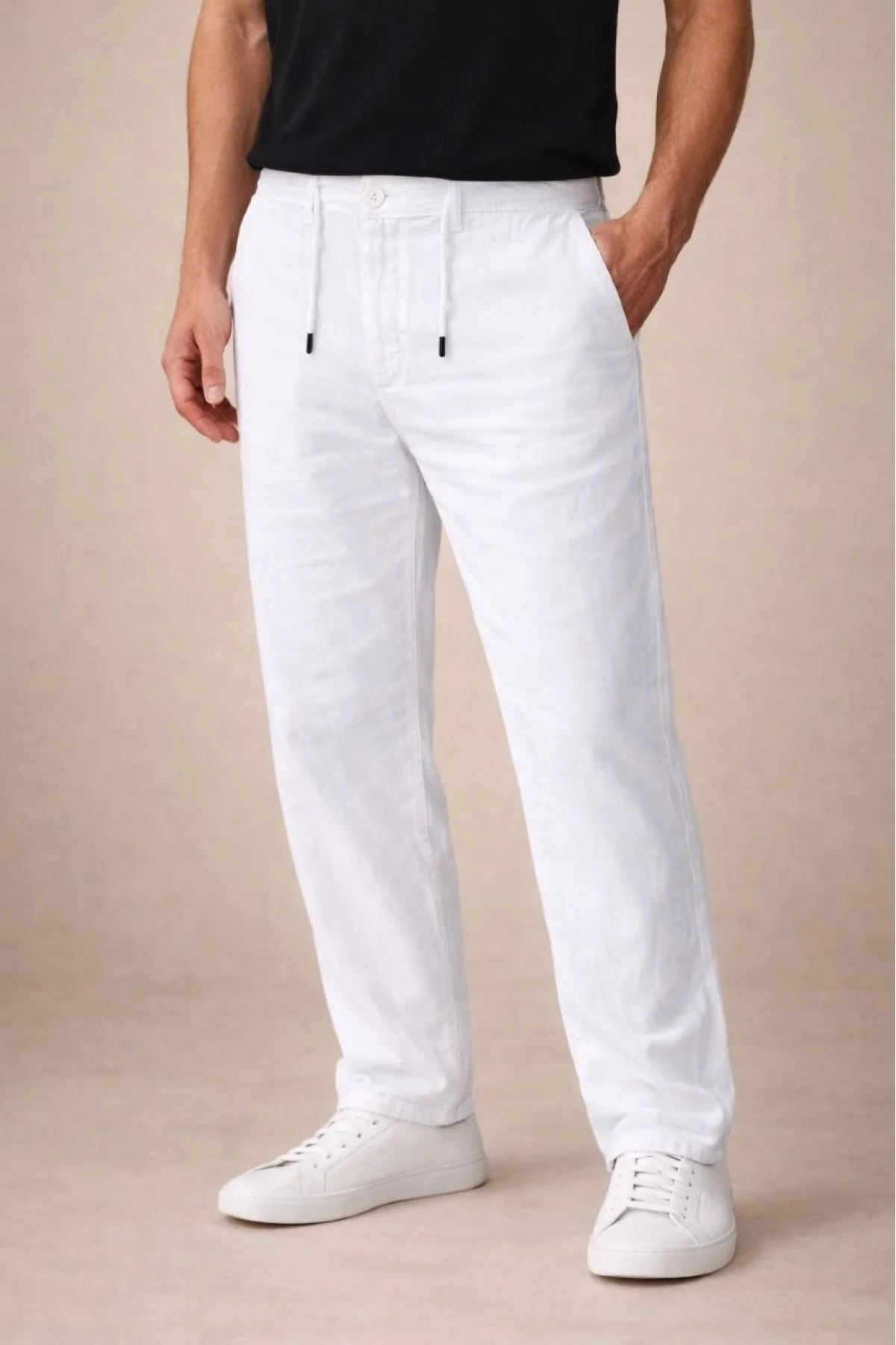 Erkek Keten Cepli Pantolon Lastikli Bel Bağcıklı Önden Fermuarlı - Beyaz