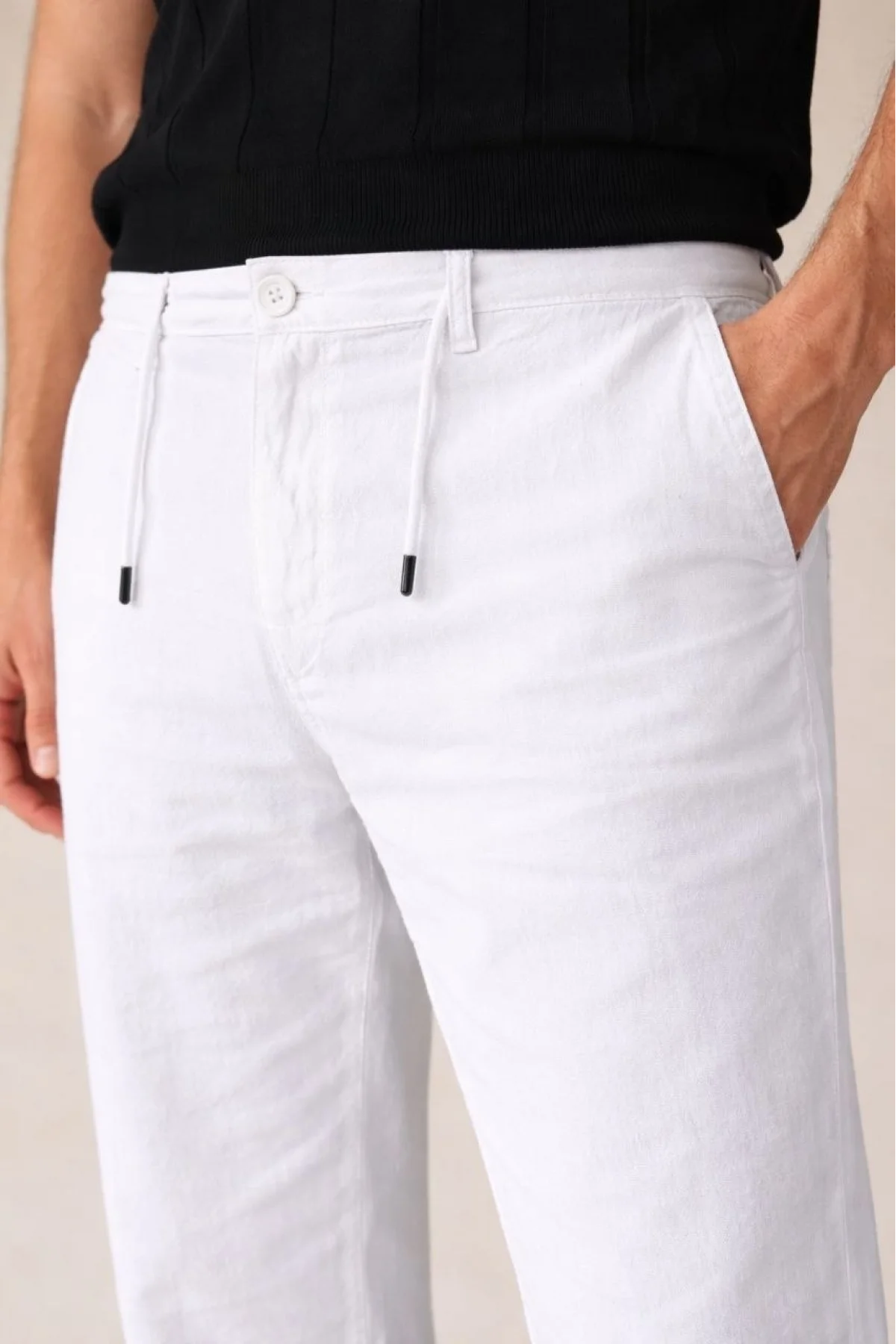 Erkek Keten Cepli Pantolon Lastikli Bel Bağcıklı Önden Fermuarlı - Beyaz