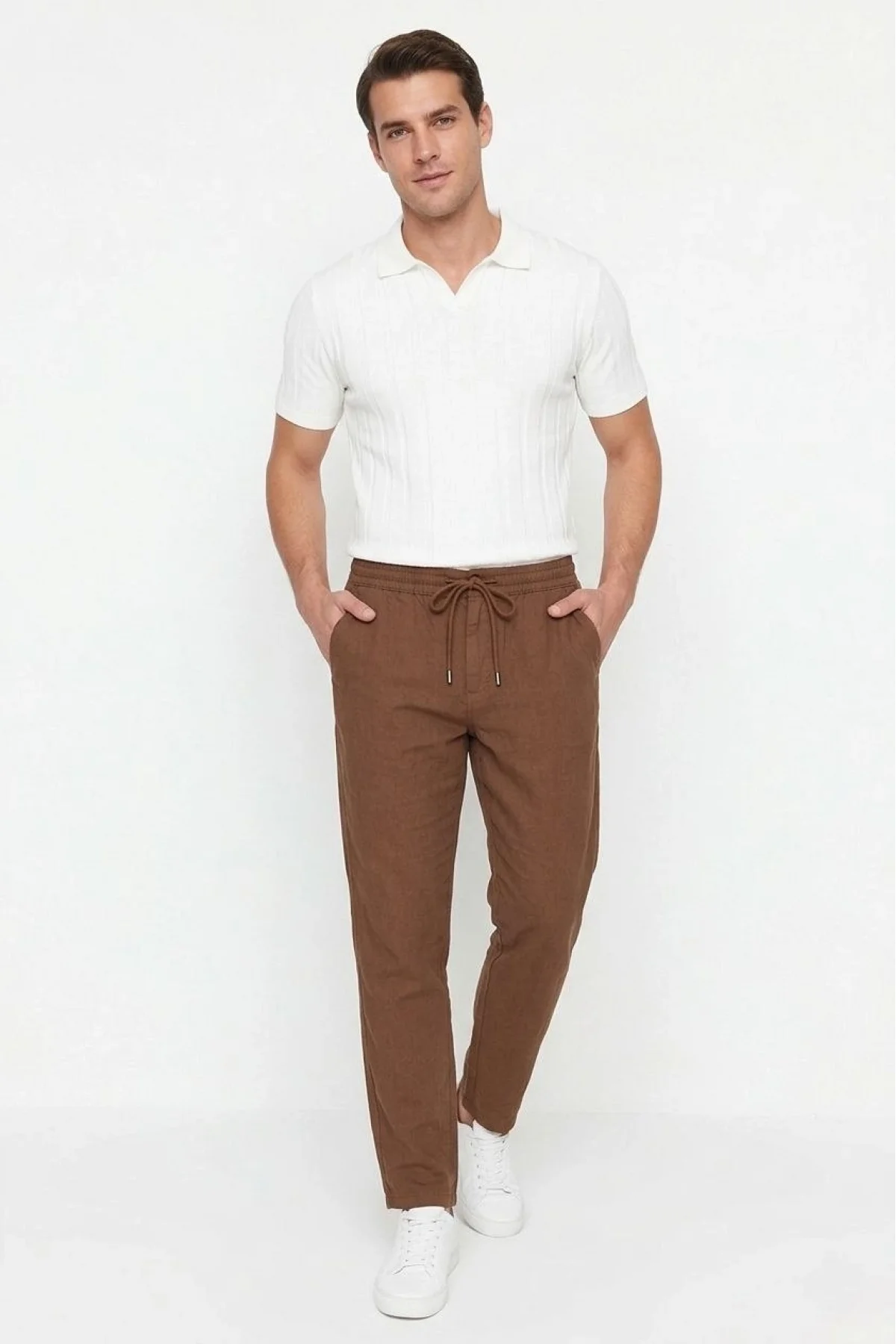 Erkek Keten Cepli Pantolon Lastikli Bel Bağcıklı Önden Fermuarlı - Kahverengi
