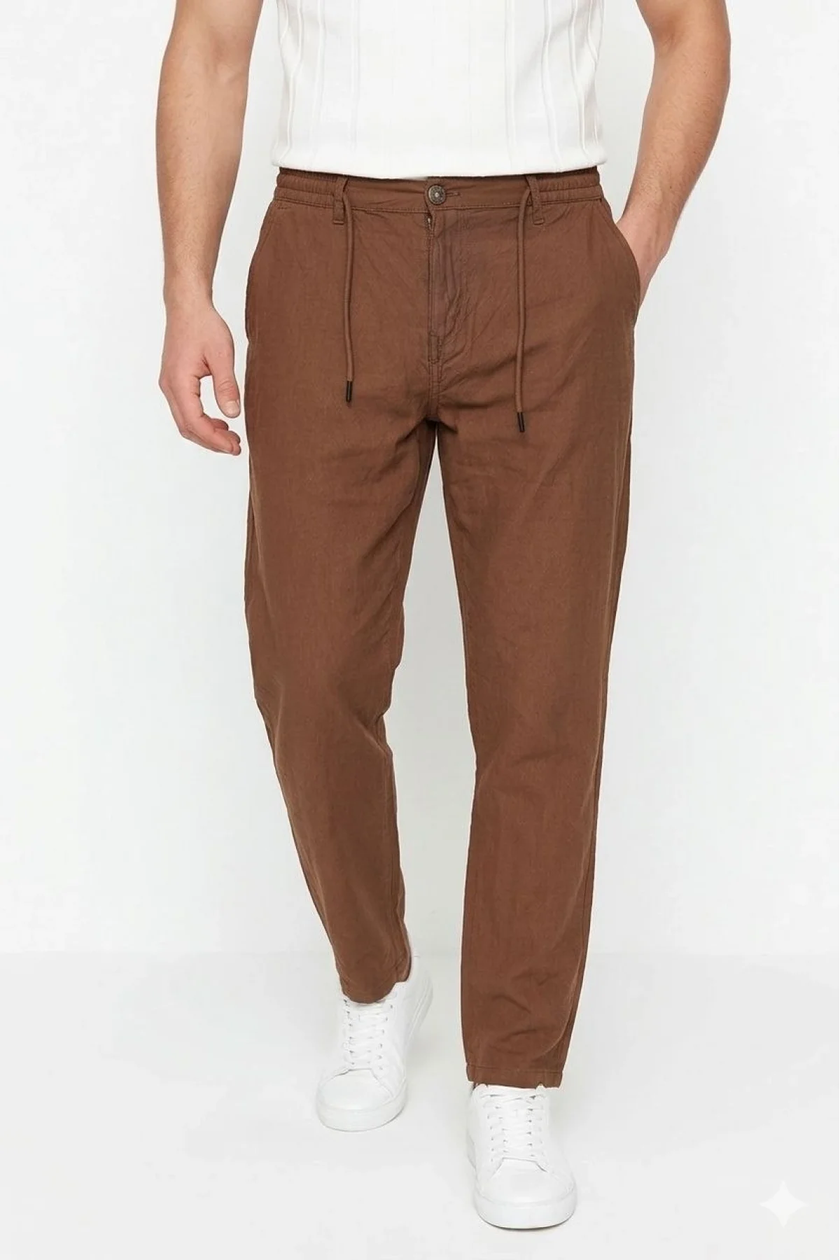 Erkek Keten Cepli Pantolon Lastikli Bel Bağcıklı Önden Fermuarlı - Kahverengi
