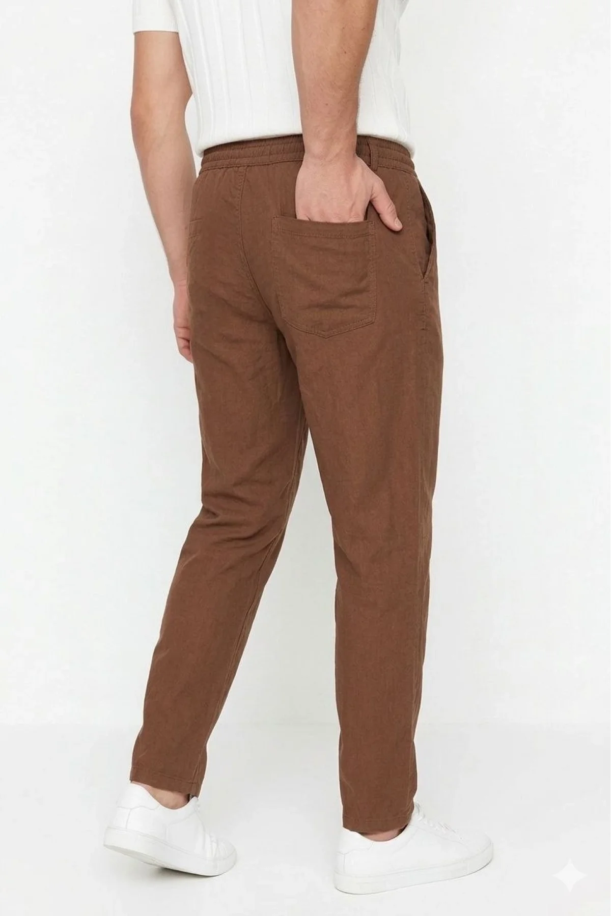 Erkek Keten Cepli Pantolon Lastikli Bel Bağcıklı Önden Fermuarlı - Kahverengi