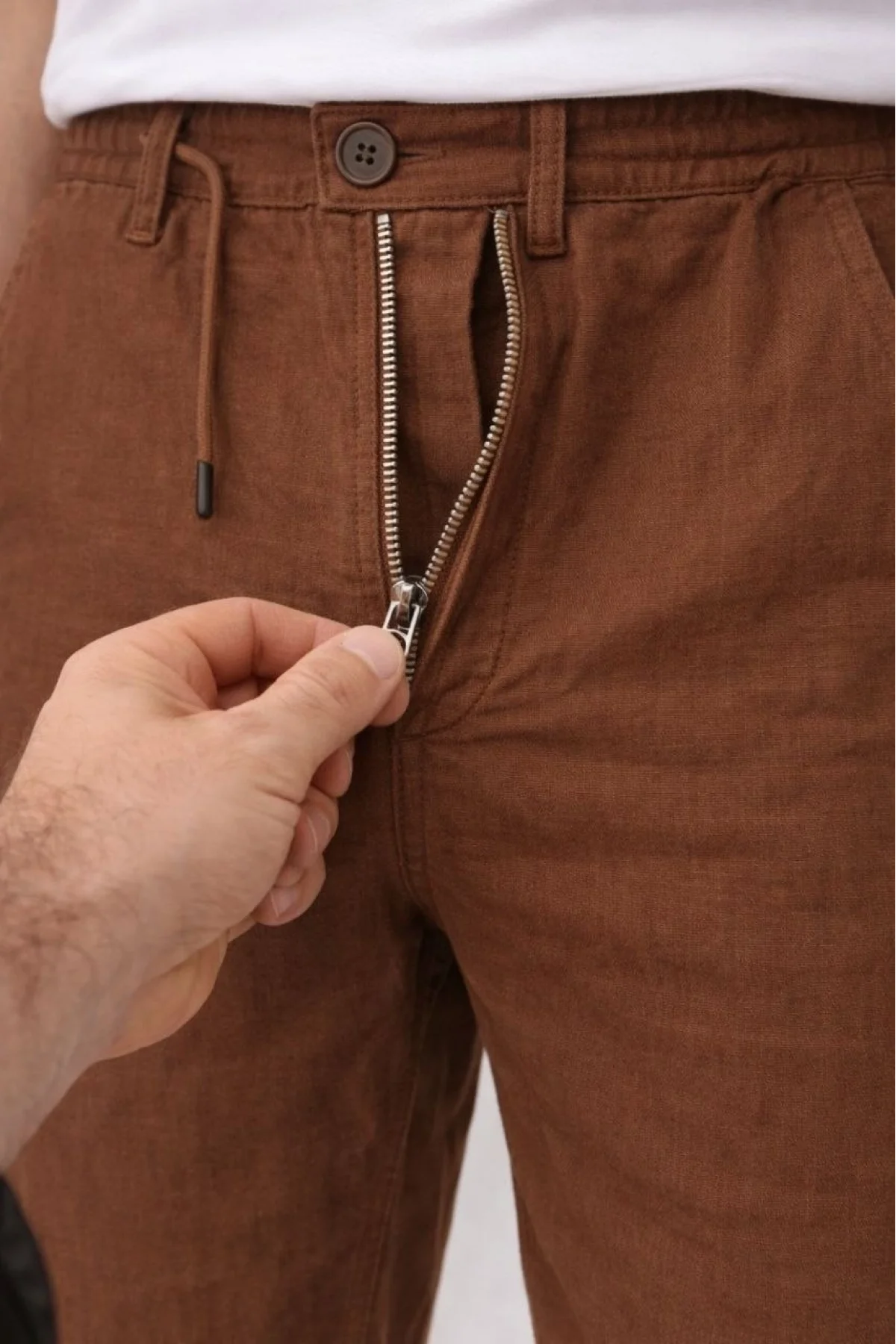 Erkek Keten Cepli Pantolon Lastikli Bel Bağcıklı Önden Fermuarlı - Kahverengi