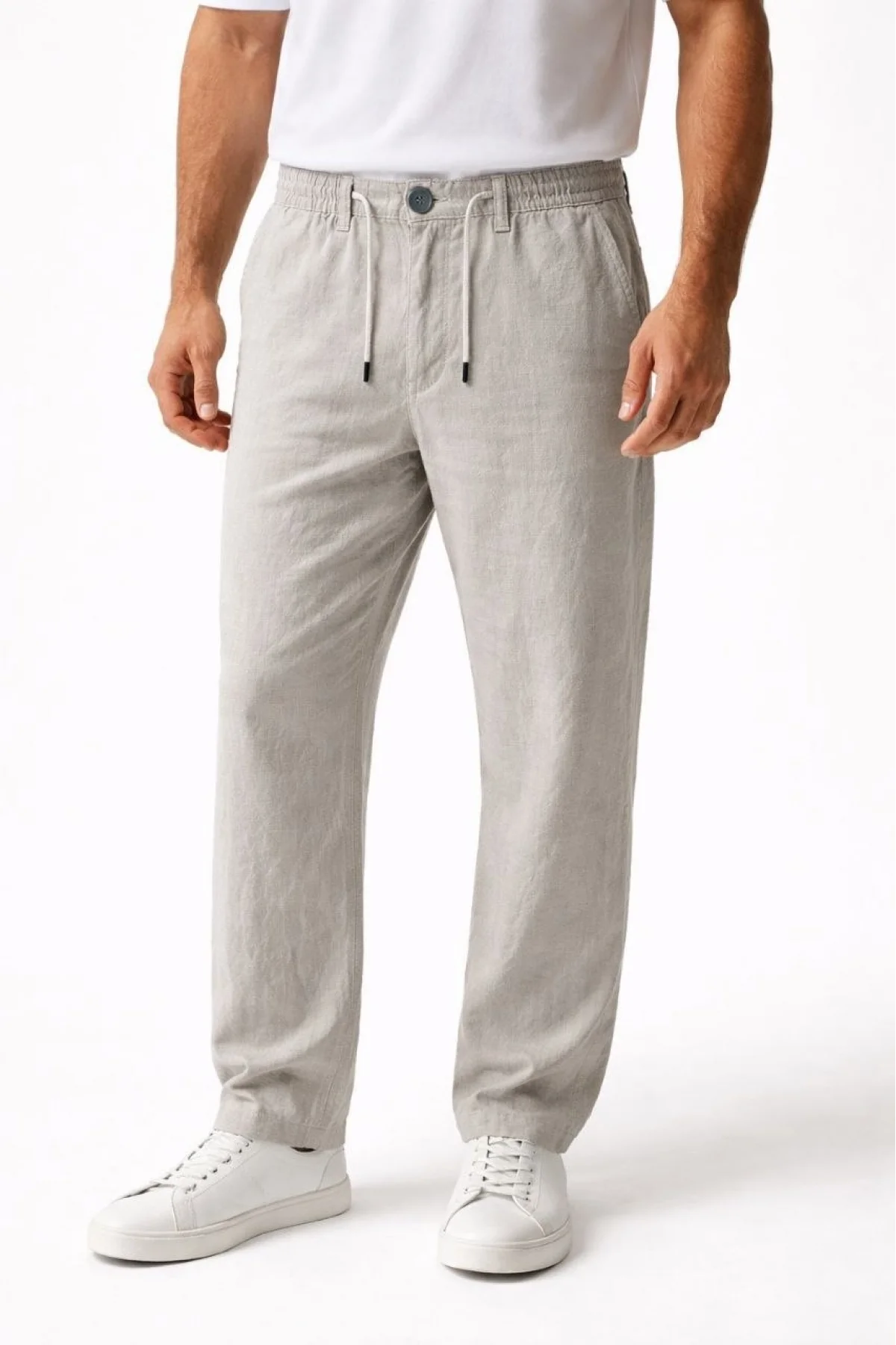 Erkek Keten Cepli Pantolon Lastikli Bel Bağcıklı Önden Fermuarlı - Gri