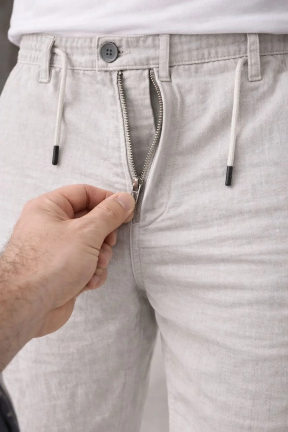 Erkek Keten Cepli Pantolon Lastikli Bel Bağcıklı Önden Fermuarlı - Gri