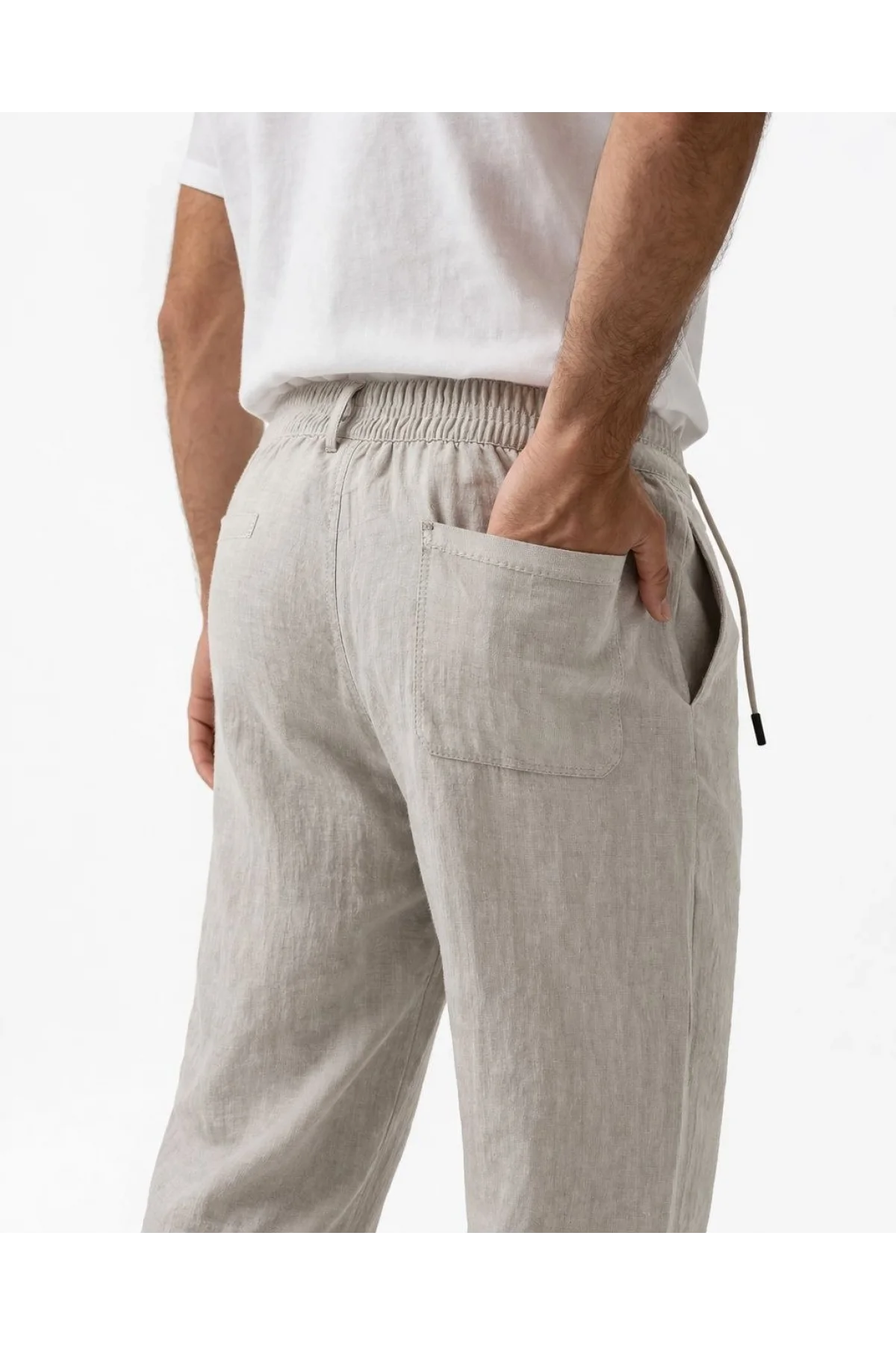 Erkek Keten Cepli Pantolon Lastikli Bel Bağcıklı Önden Fermuarlı - Gri
