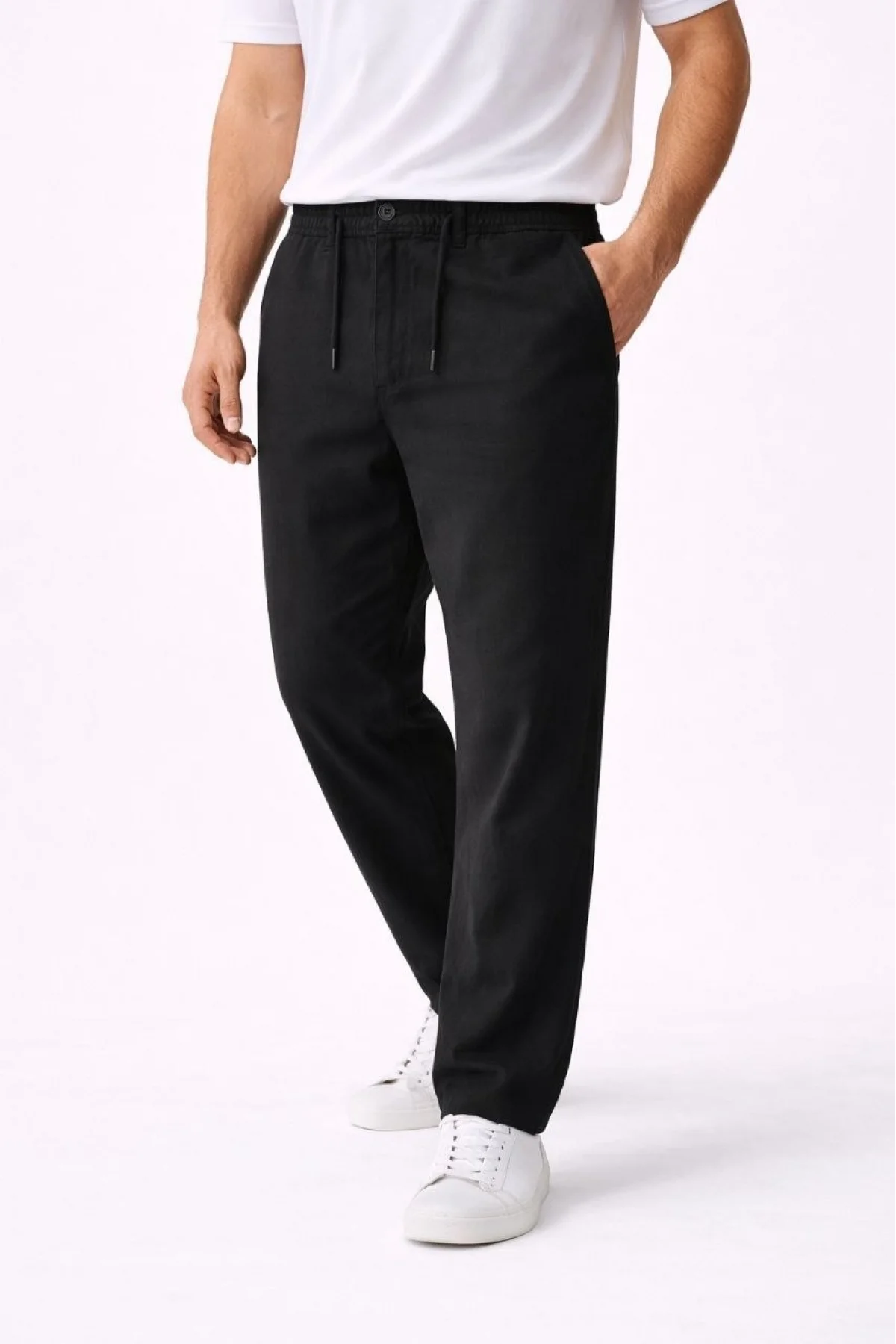 Erkek Keten Cepli Pantolon Lastikli Bel Bağcıklı Önden Fermuarlı - Siyah