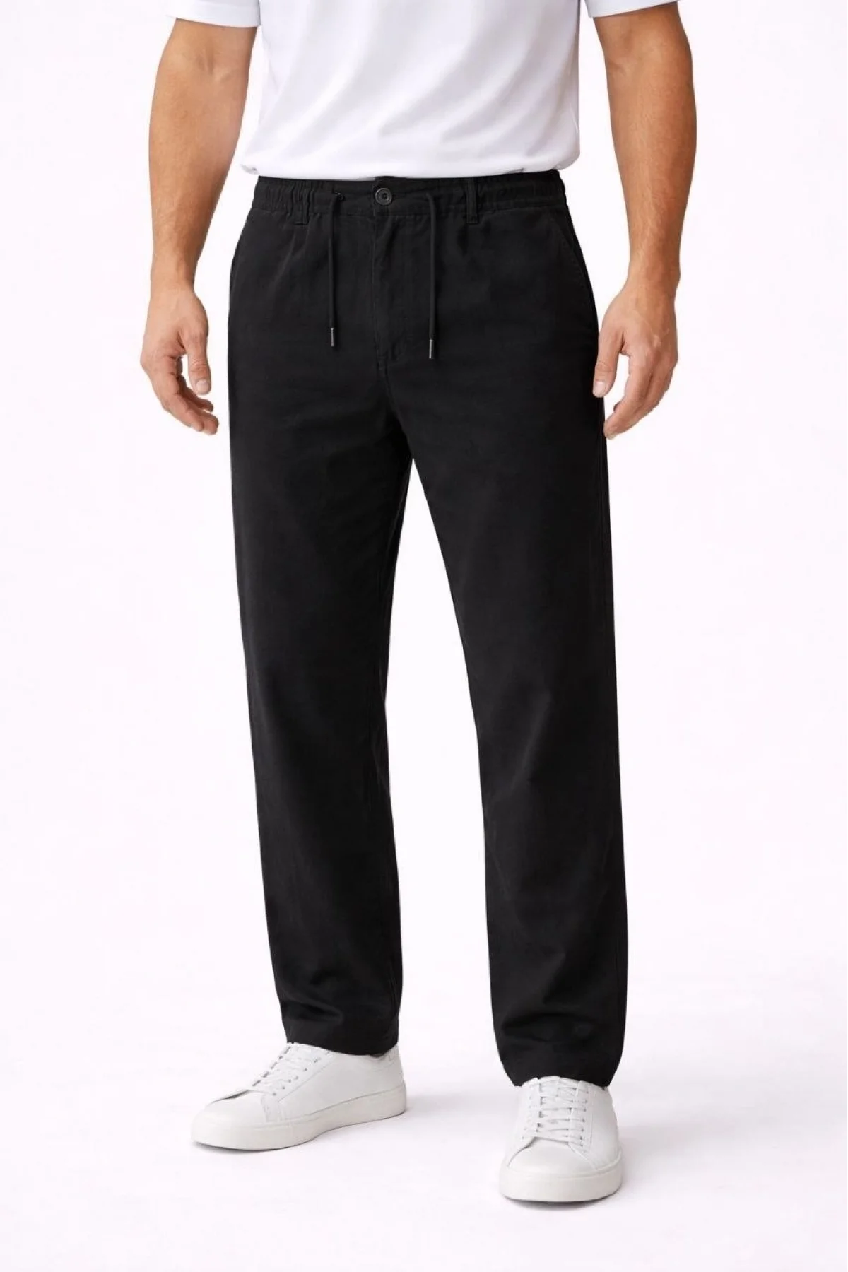 Erkek Keten Cepli Pantolon Lastikli Bel Bağcıklı Önden Fermuarlı - Siyah