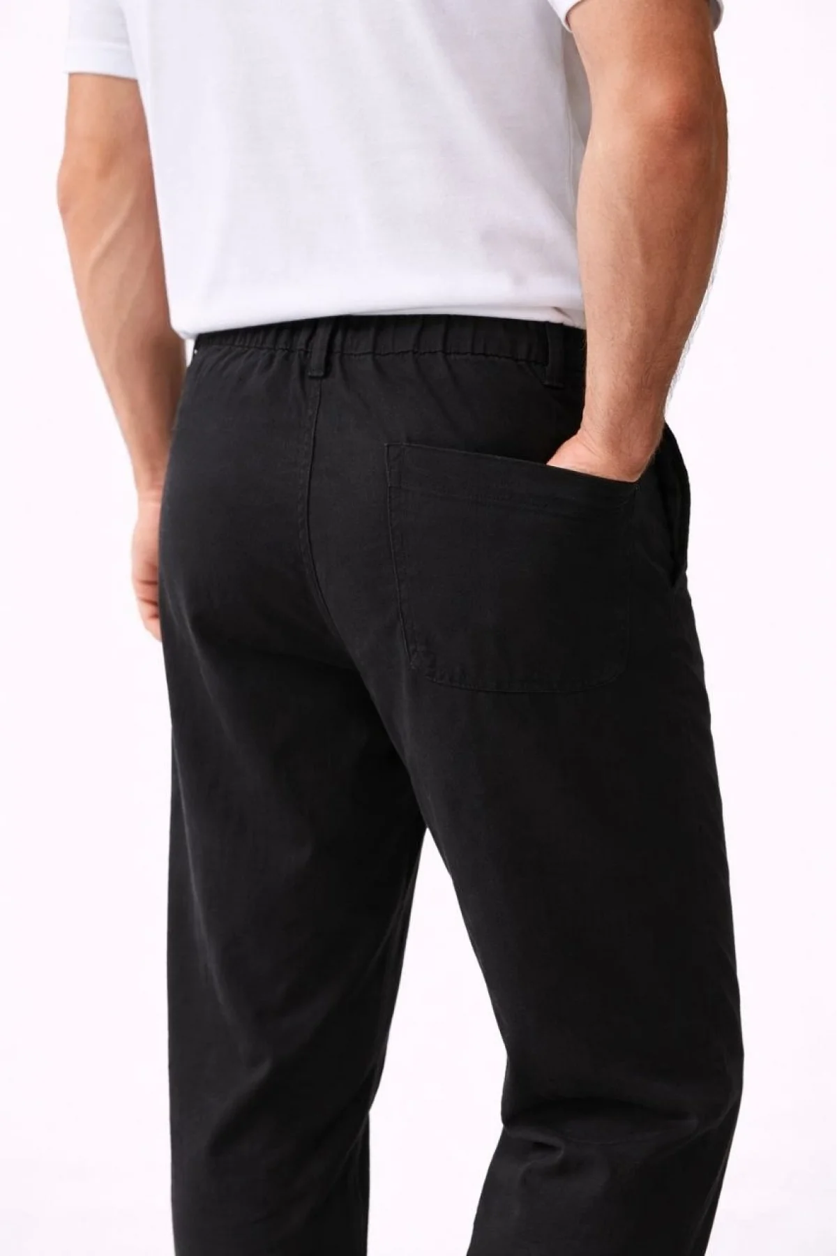 Erkek Keten Cepli Pantolon Lastikli Bel Bağcıklı Önden Fermuarlı - Siyah