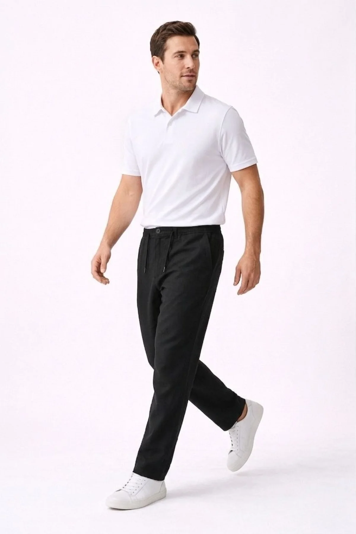 Erkek Keten Cepli Pantolon Lastikli Bel Bağcıklı Önden Fermuarlı - Siyah