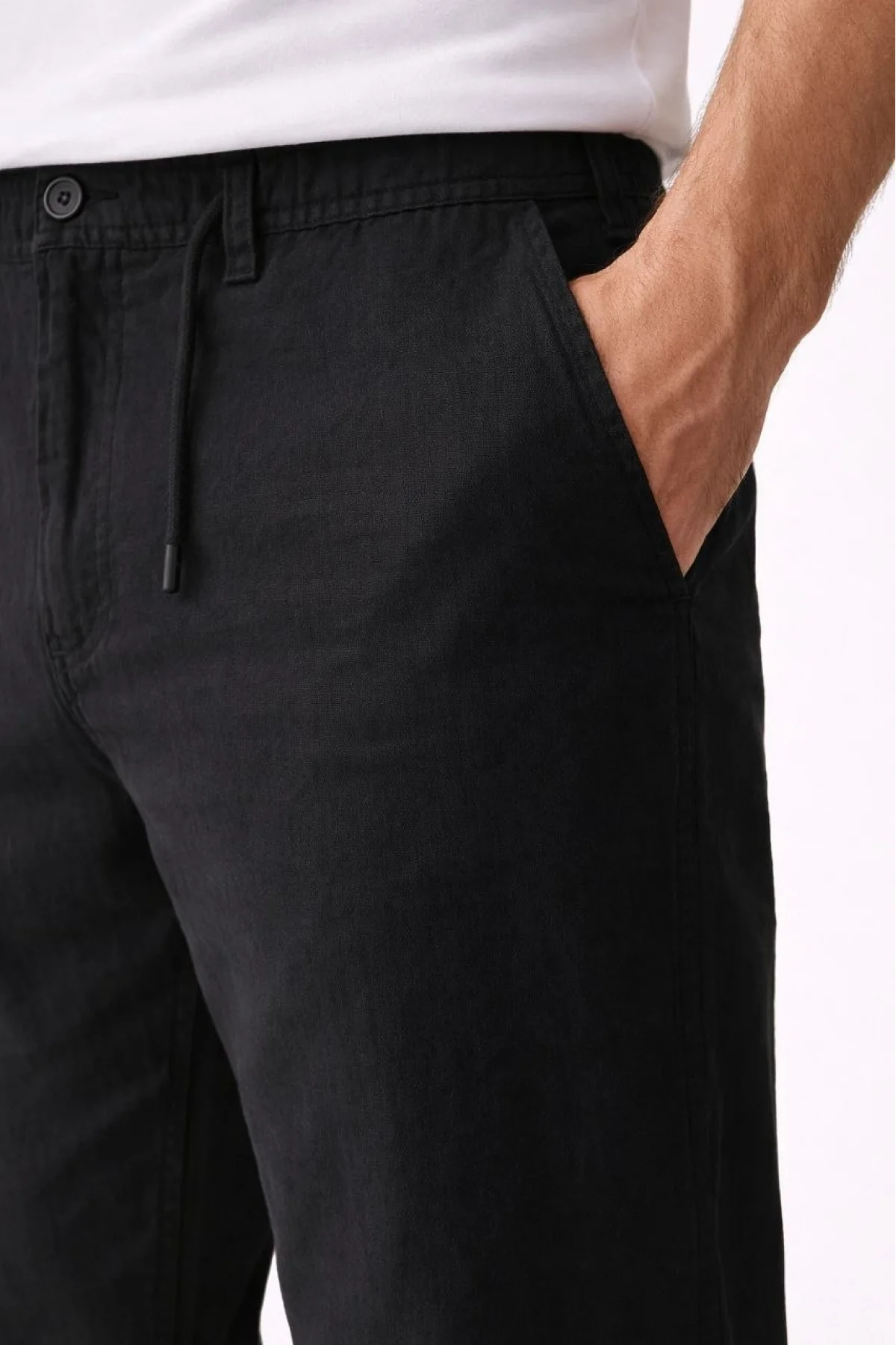 Erkek Keten Cepli Pantolon Lastikli Bel Bağcıklı Önden Fermuarlı - Siyah