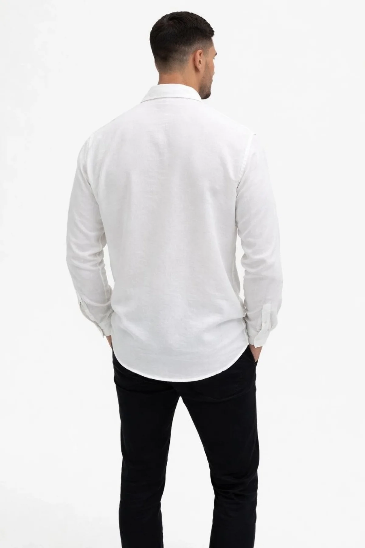 Erkek KETEN Kumaş Oversize Uzun Kollu Rahat Kalıp Gömlek - Beyaz