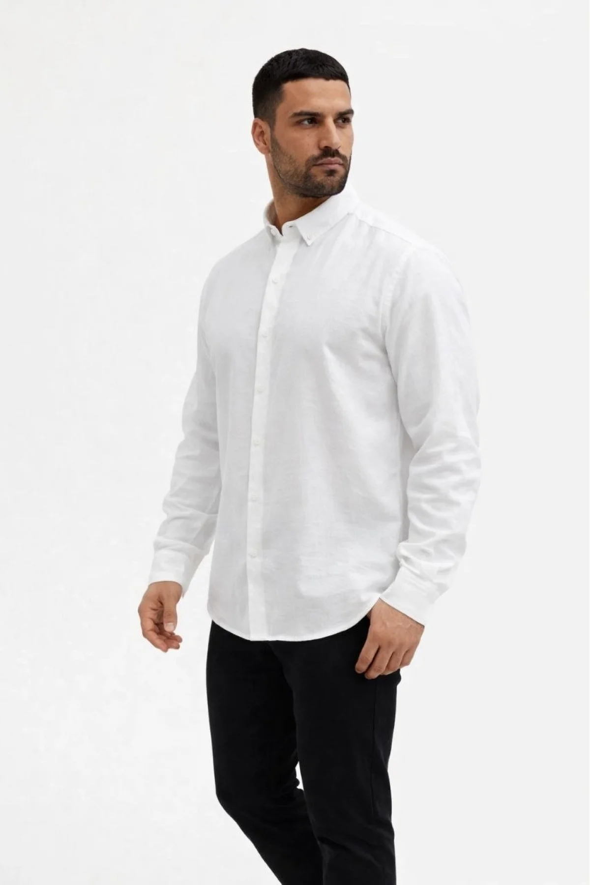 Erkek KETEN Kumaş Oversize Uzun Kollu Rahat Kalıp Gömlek - Beyaz