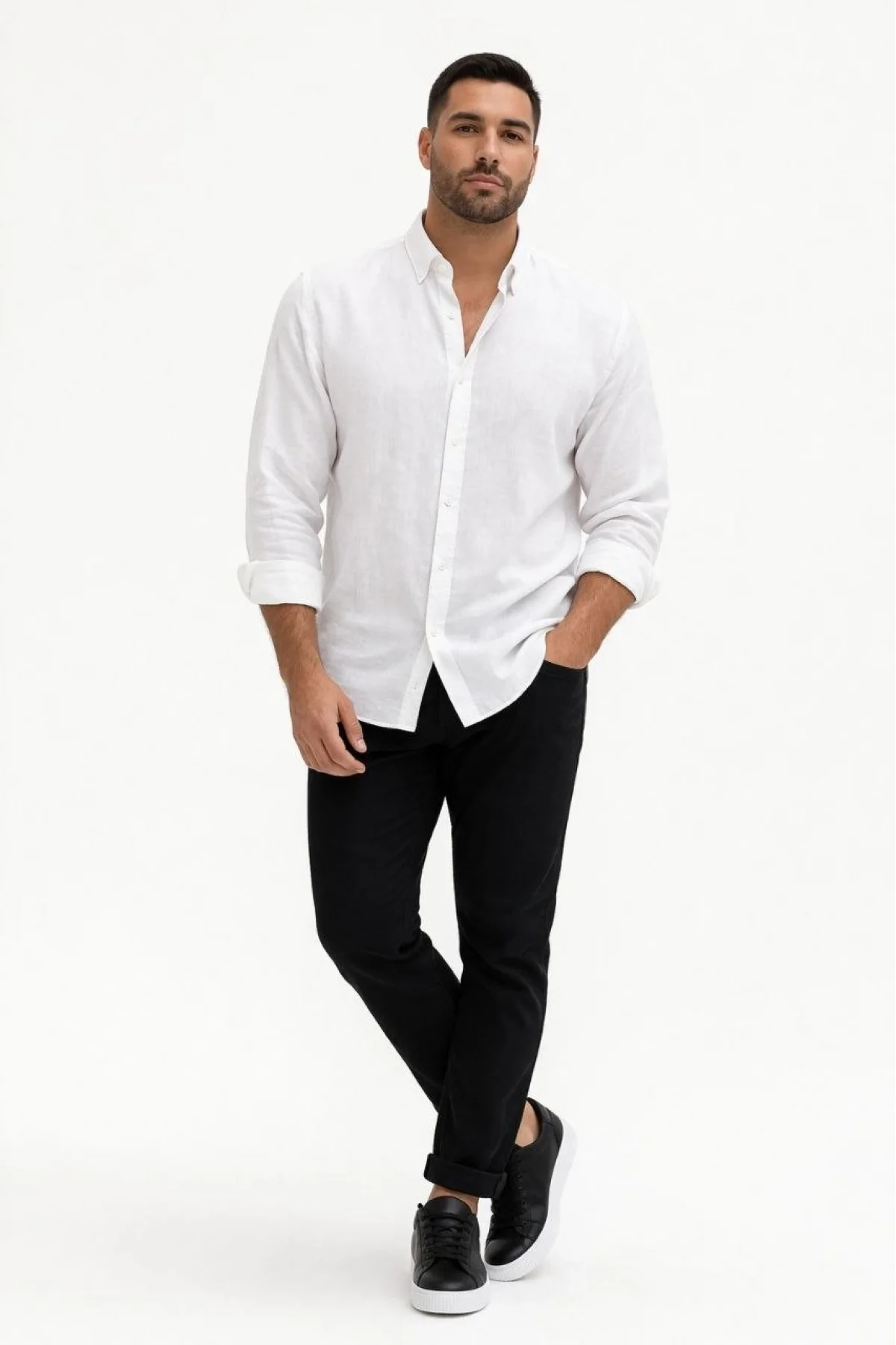 Erkek KETEN Kumaş Oversize Uzun Kollu Rahat Kalıp Gömlek - Beyaz