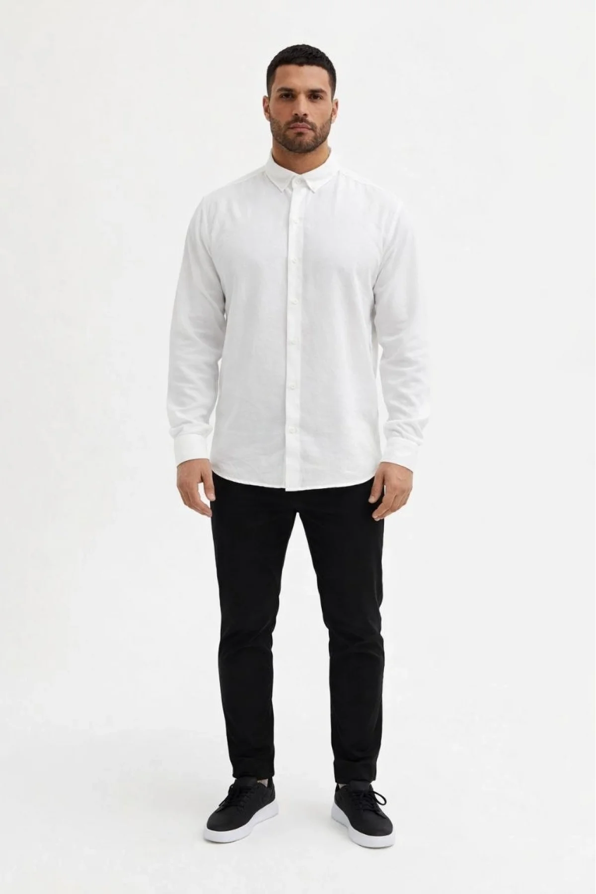 Erkek KETEN Kumaş Oversize Uzun Kollu Rahat Kalıp Gömlek - Beyaz