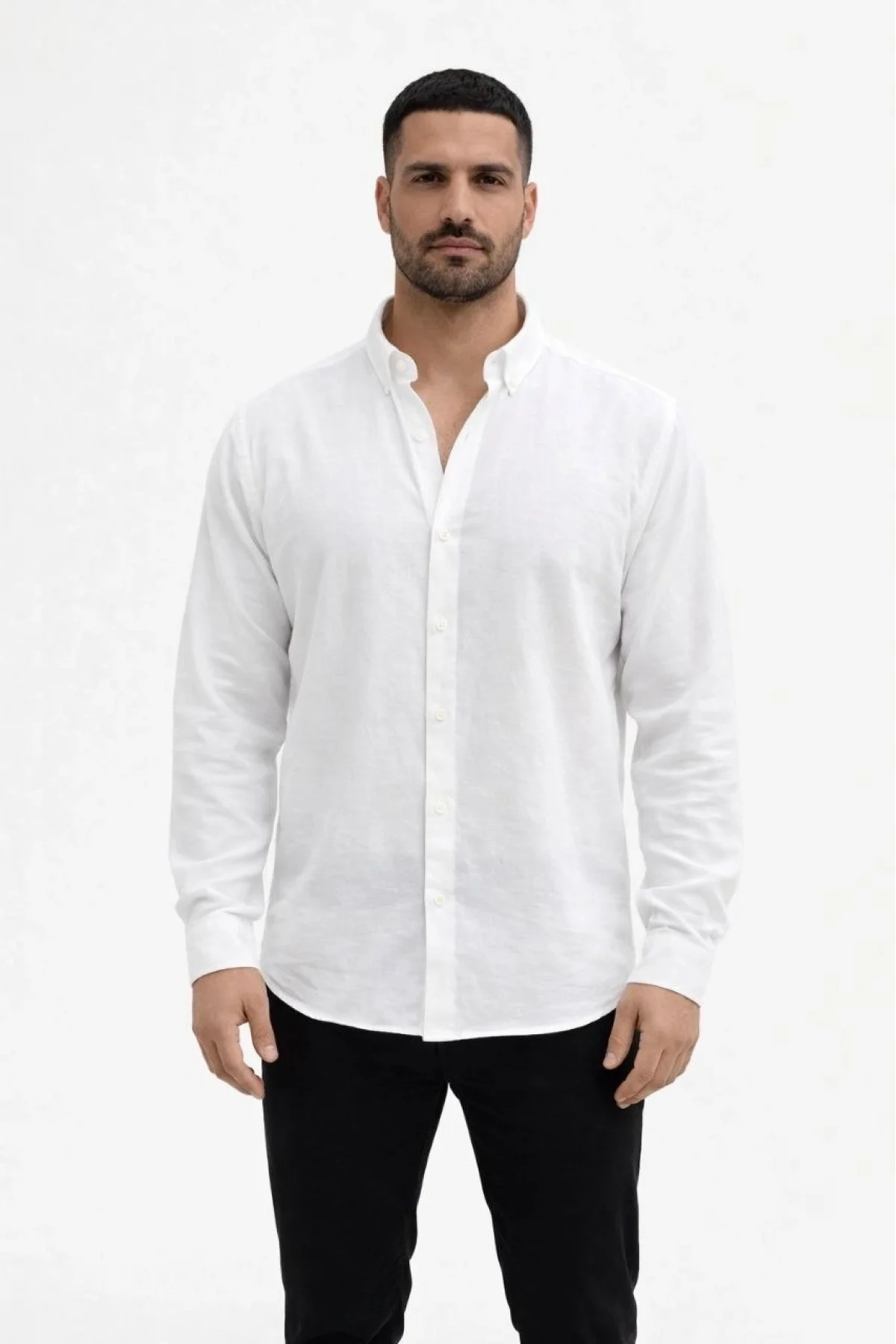 Erkek KETEN Kumaş Oversize Uzun Kollu Rahat Kalıp Gömlek - Beyaz