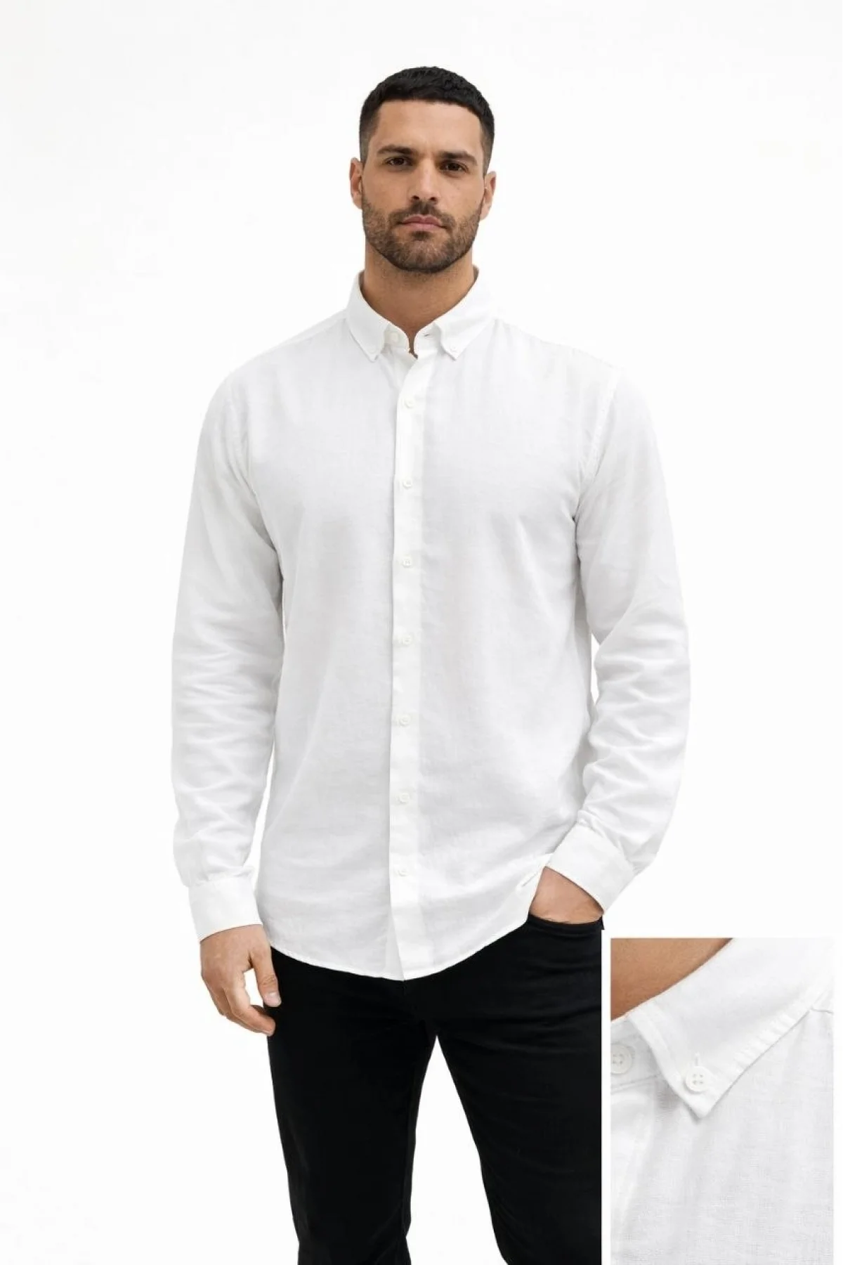 Erkek KETEN Kumaş Oversize Uzun Kollu Rahat Kalıp Gömlek - Beyaz