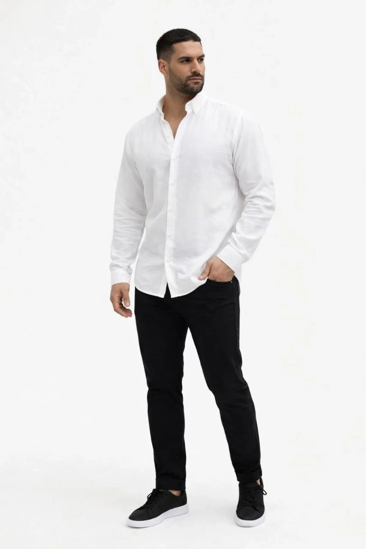 Erkek KETEN Kumaş Oversize Uzun Kollu Rahat Kalıp Gömlek - Beyaz