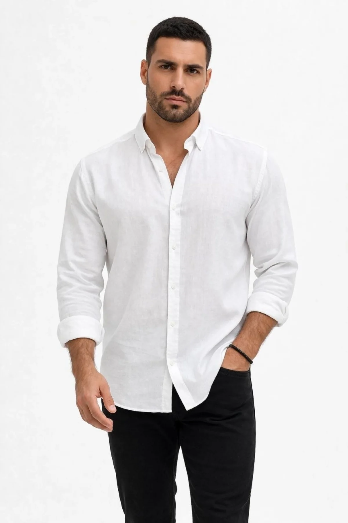 Erkek KETEN Kumaş Oversize Uzun Kollu Rahat Kalıp Gömlek - Beyaz