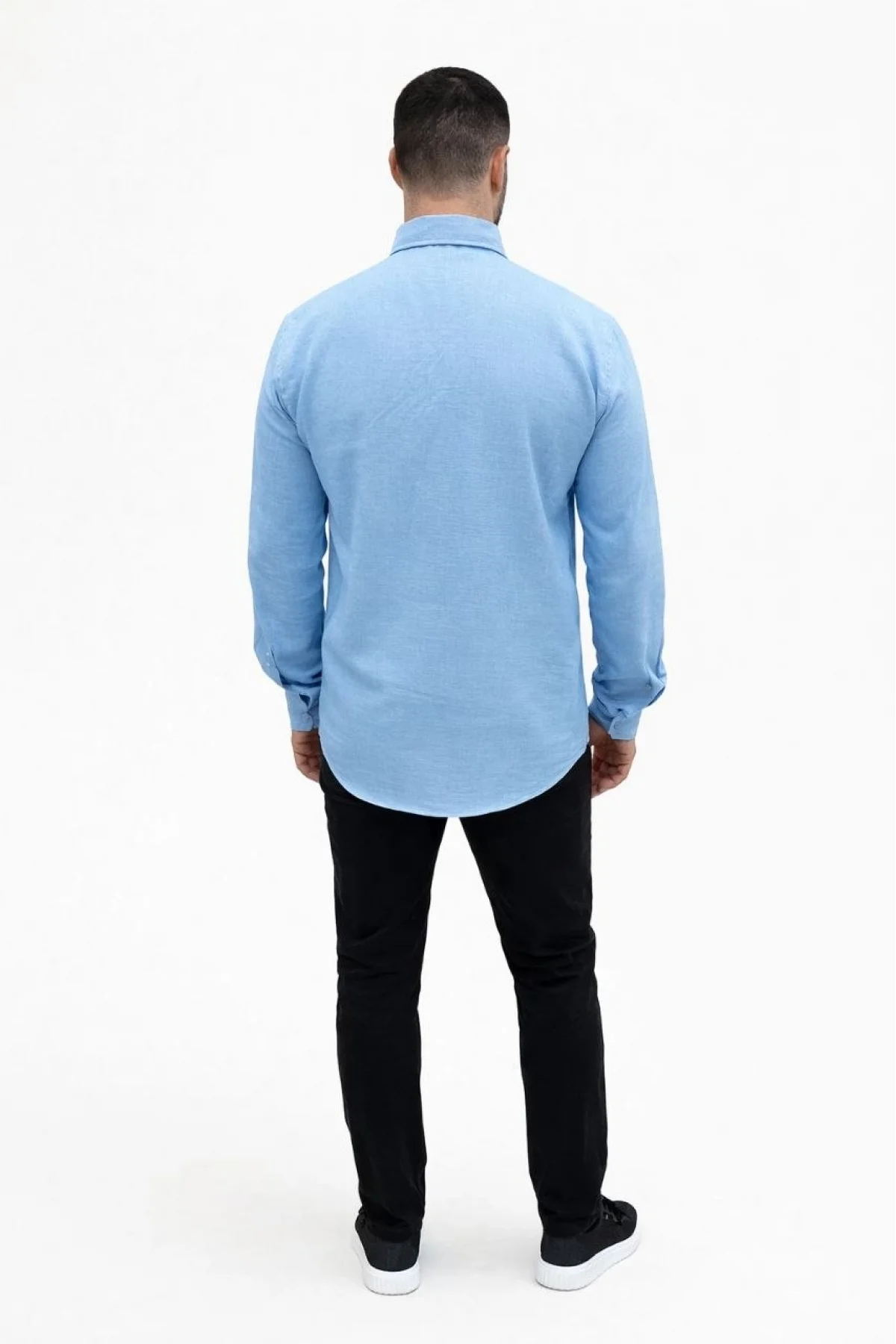 Erkek KETEN Kumaş Oversize Uzun Kollu Rahat Kalıp Gömlek - Açık Mavi