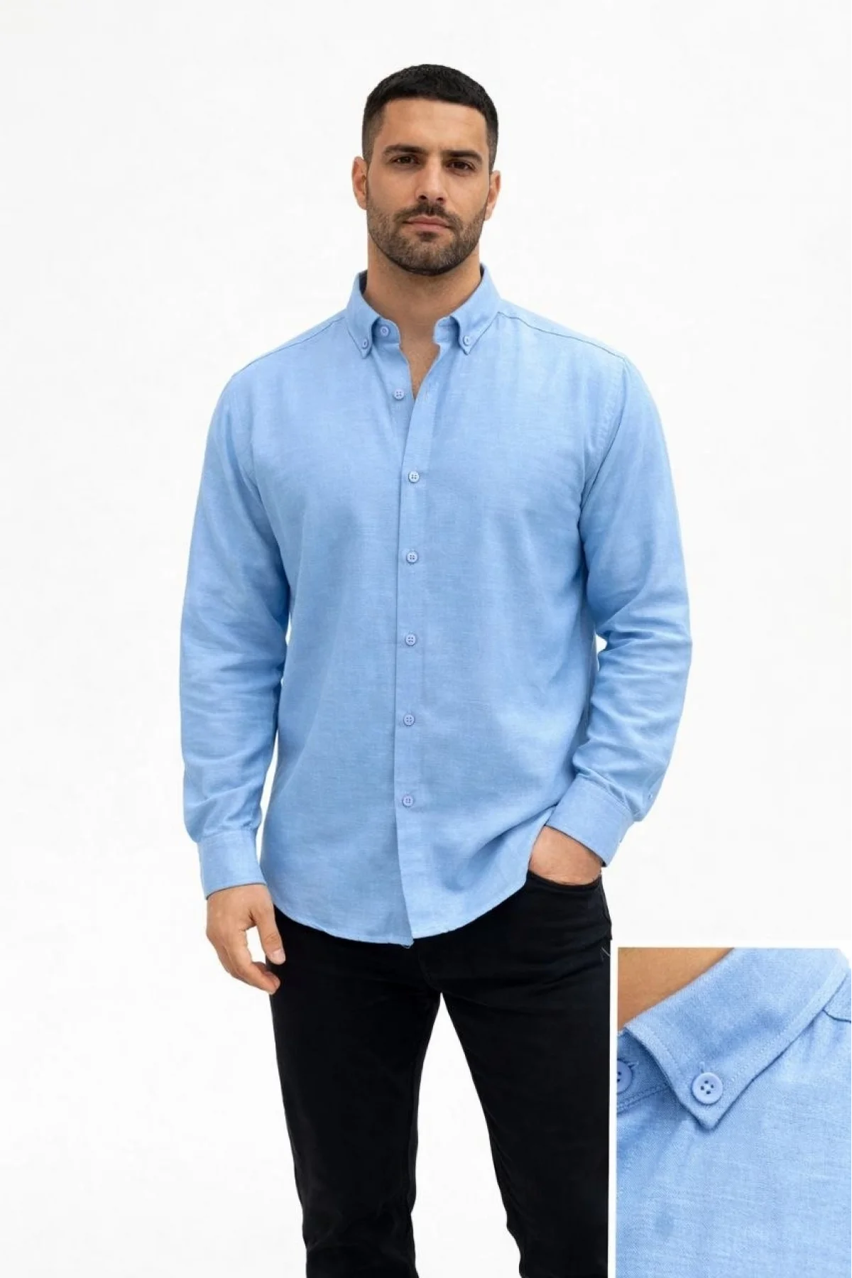 Erkek KETEN Kumaş Oversize Uzun Kollu Rahat Kalıp Gömlek - Açık Mavi