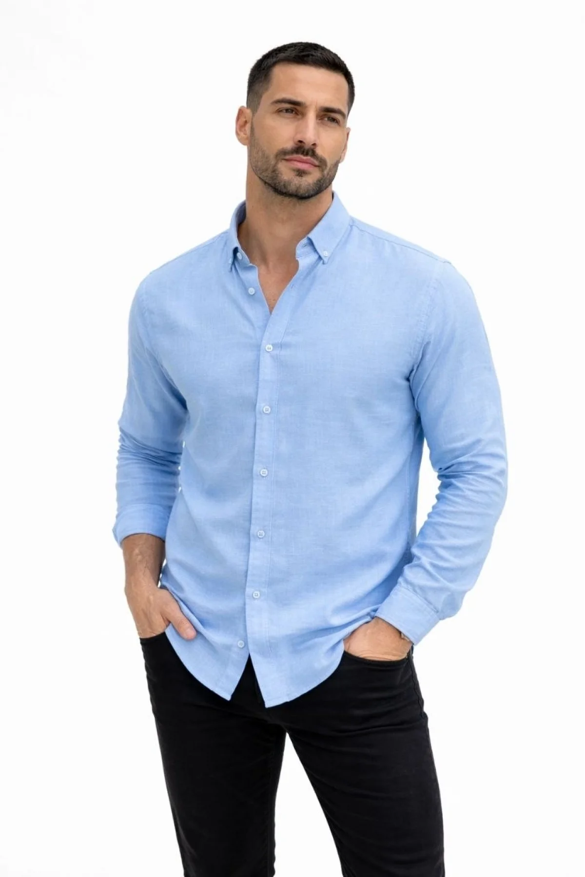 Erkek KETEN Kumaş Oversize Uzun Kollu Rahat Kalıp Gömlek - Açık Mavi