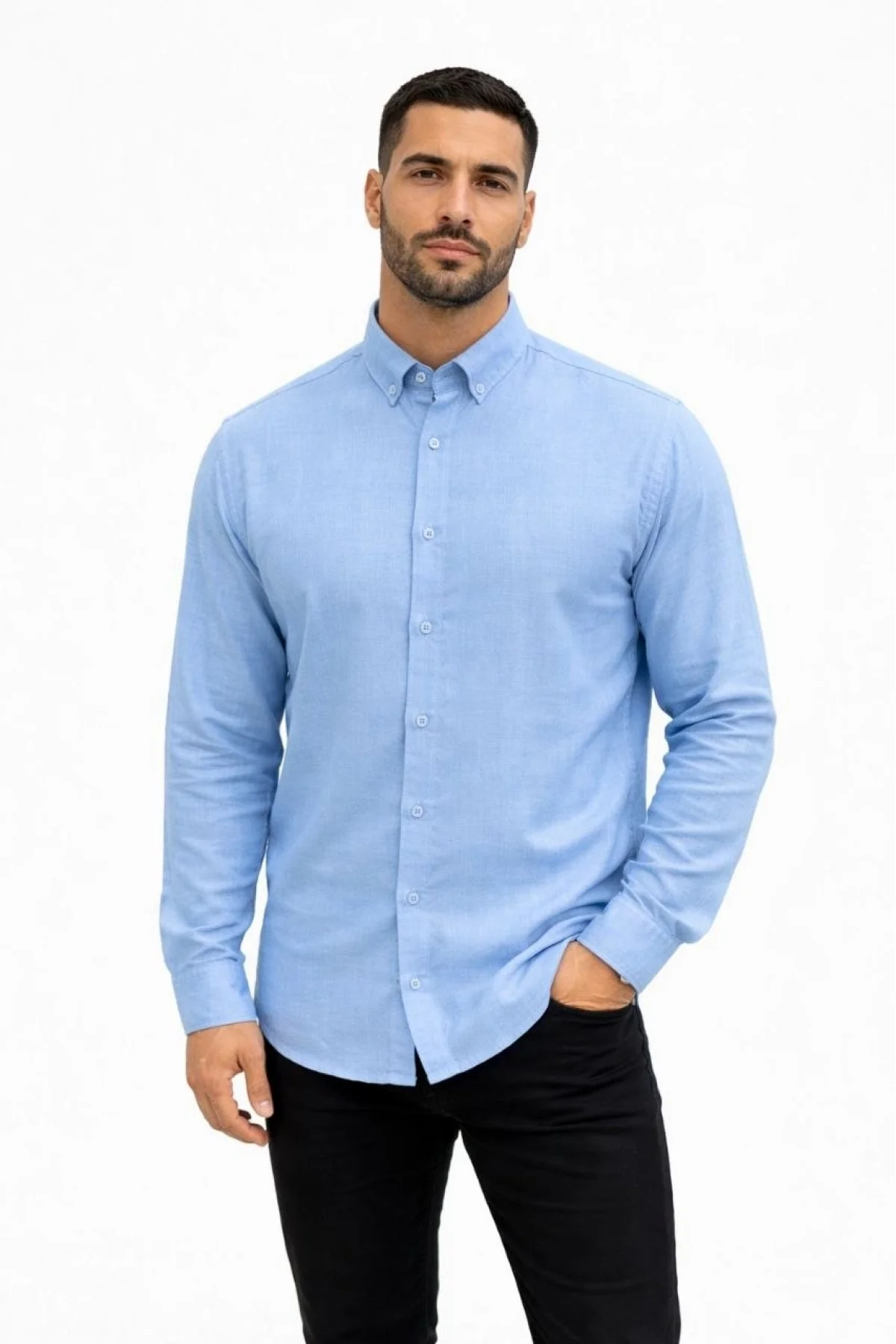 Erkek KETEN Kumaş Oversize Uzun Kollu Rahat Kalıp Gömlek - Açık Mavi