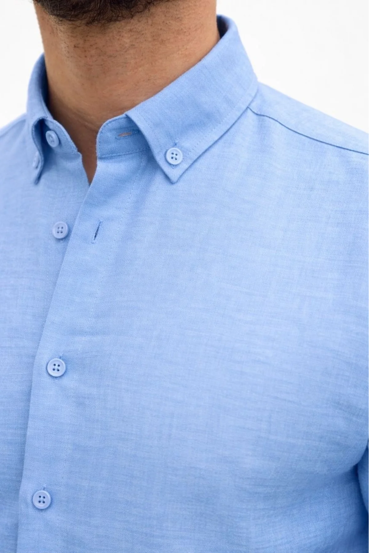 Erkek KETEN Kumaş Oversize Uzun Kollu Rahat Kalıp Gömlek - Açık Mavi