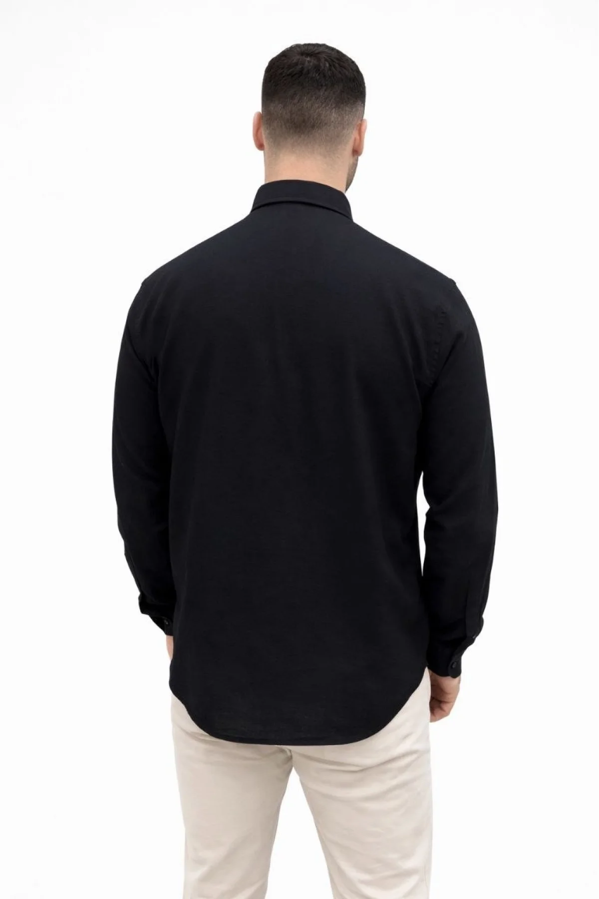 Erkek KETEN Kumaş Oversize Uzun Kollu Rahat Kalıp Gömlek - Siyah