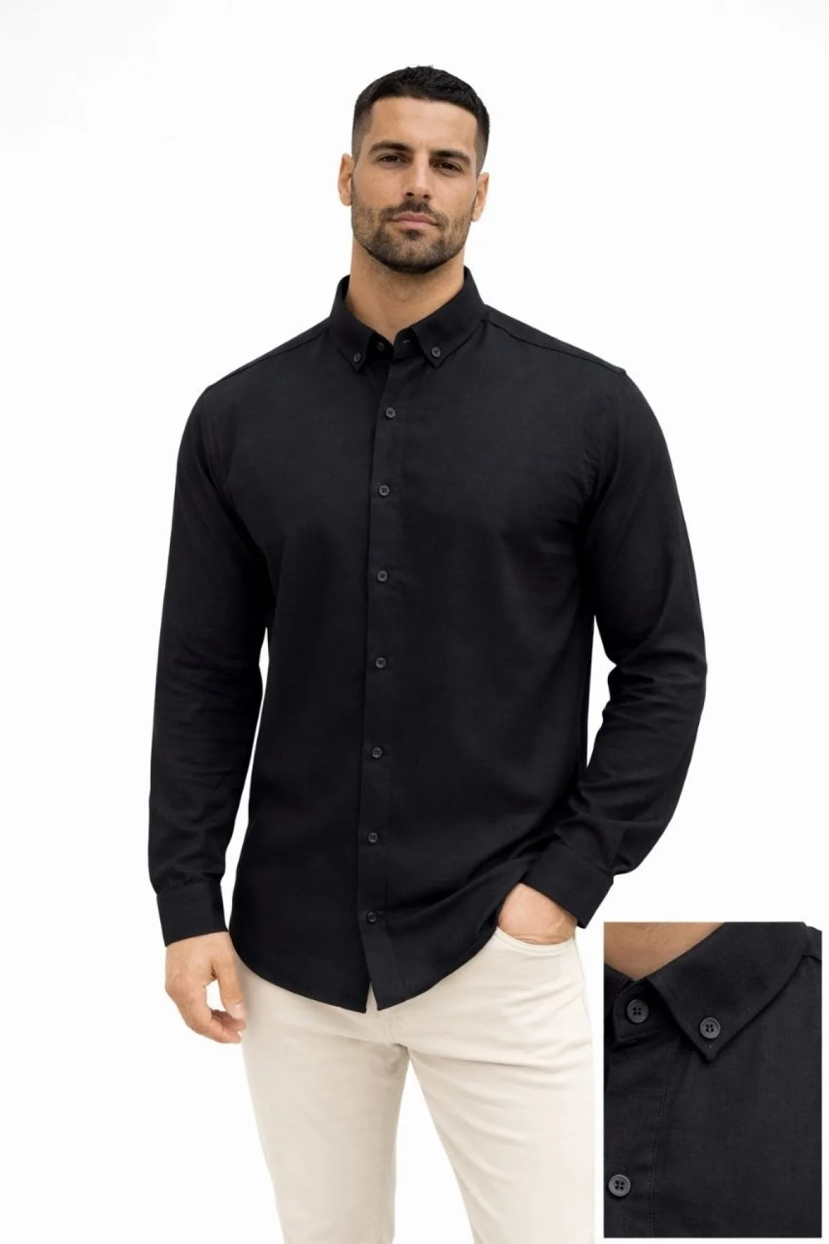 Erkek KETEN Kumaş Oversize Uzun Kollu Rahat Kalıp Gömlek - Siyah