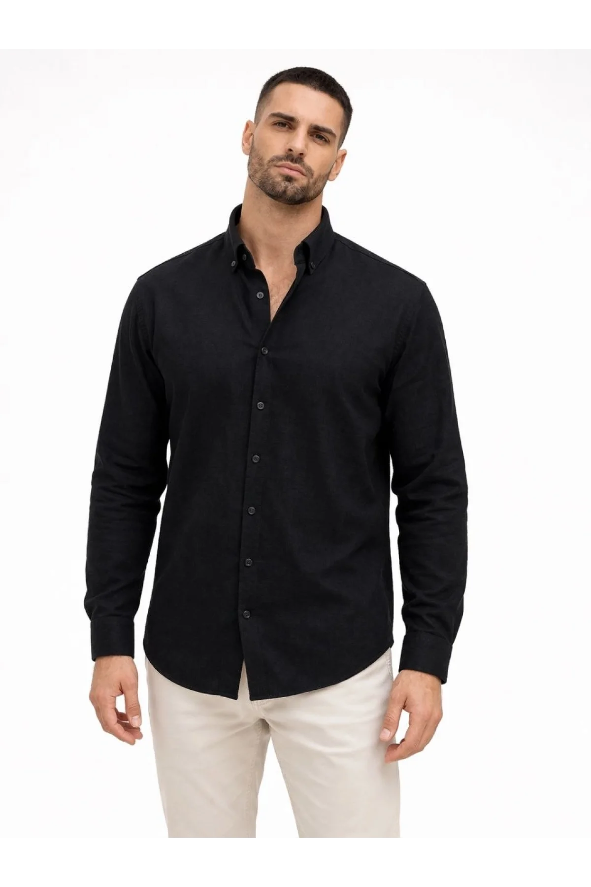 Erkek KETEN Kumaş Oversize Uzun Kollu Rahat Kalıp Gömlek - Siyah