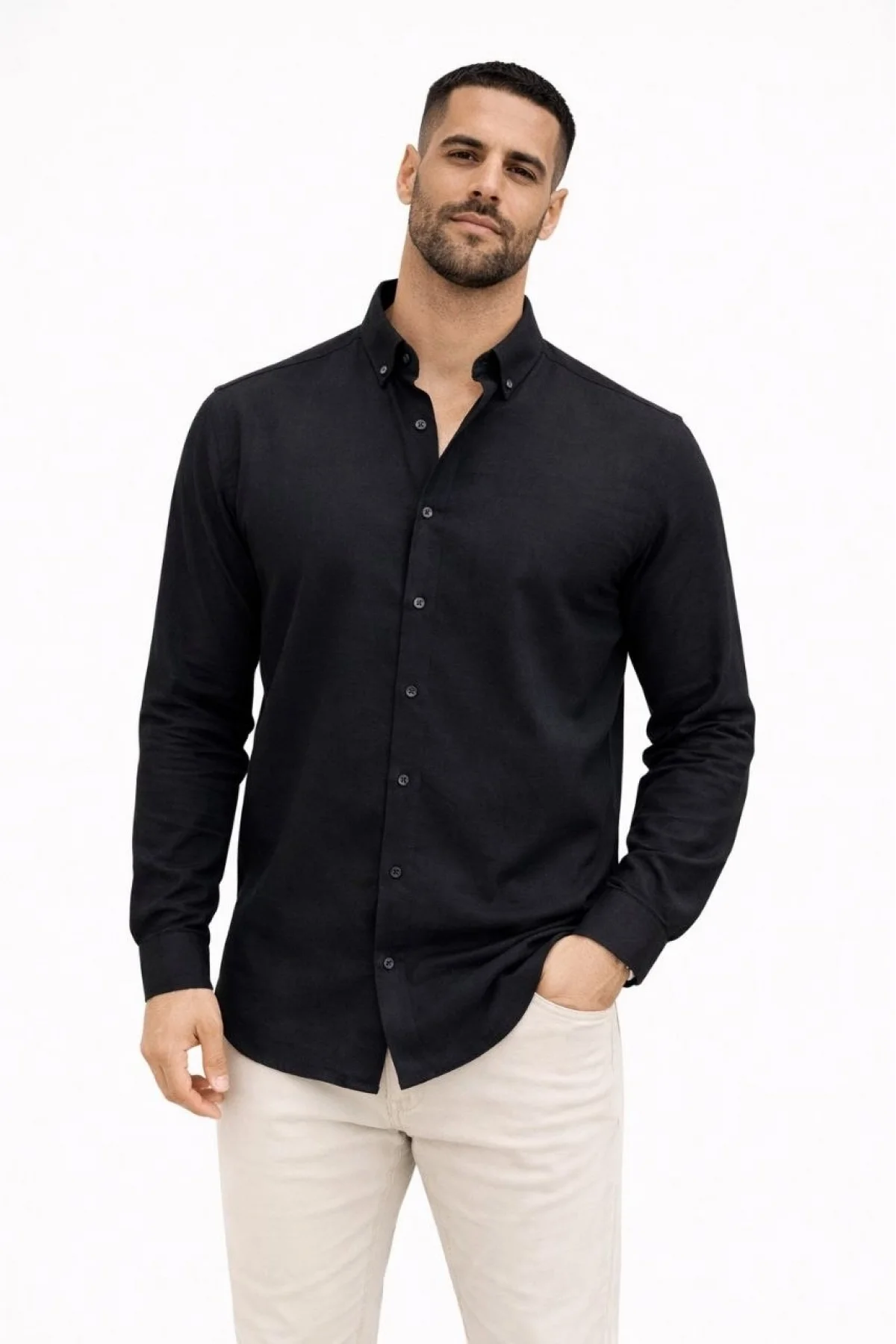 Erkek KETEN Kumaş Oversize Uzun Kollu Rahat Kalıp Gömlek - Siyah