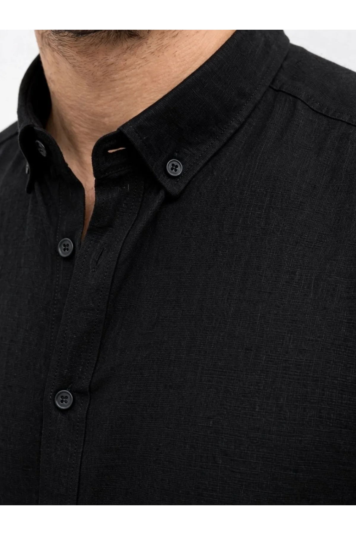 Erkek KETEN Kumaş Oversize Uzun Kollu Rahat Kalıp Gömlek - Siyah