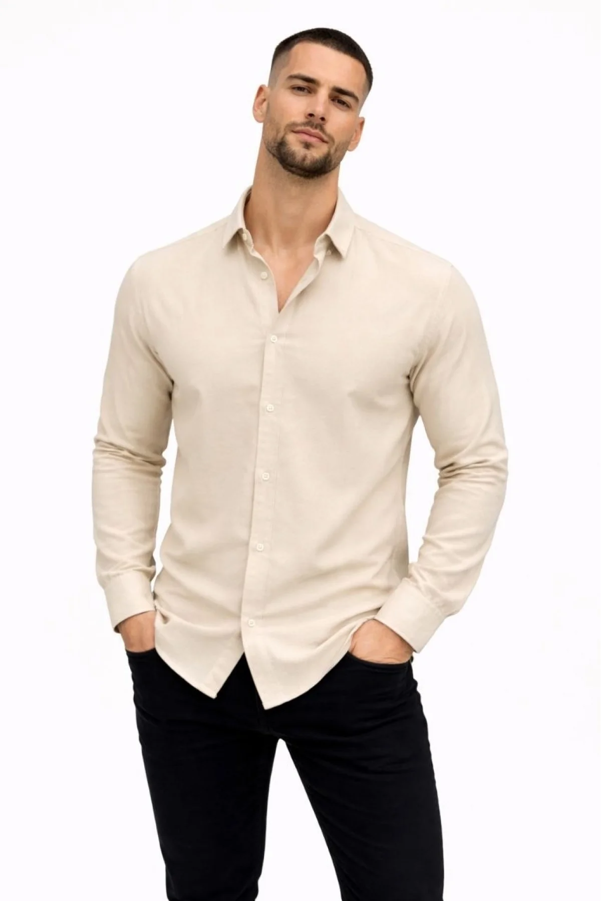 Erkek KETEN Kumaş Oversize Uzun Kollu Rahat Kalıp Gömlek - Bej