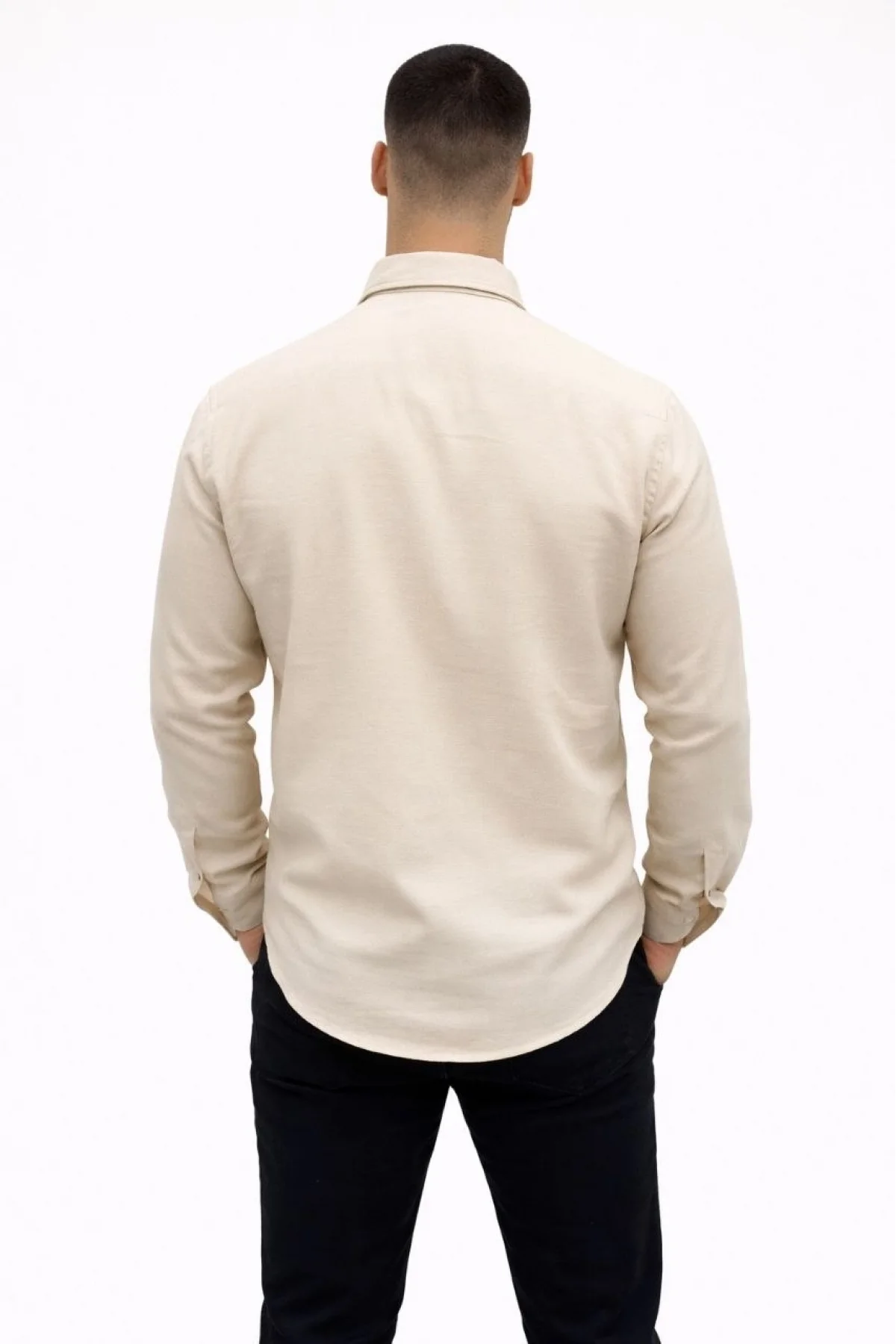 Erkek KETEN Kumaş Oversize Uzun Kollu Rahat Kalıp Gömlek - Bej