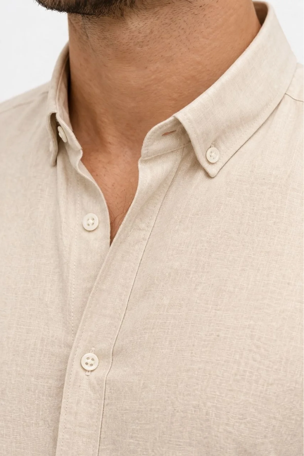 Erkek KETEN Kumaş Oversize Uzun Kollu Rahat Kalıp Gömlek - Bej