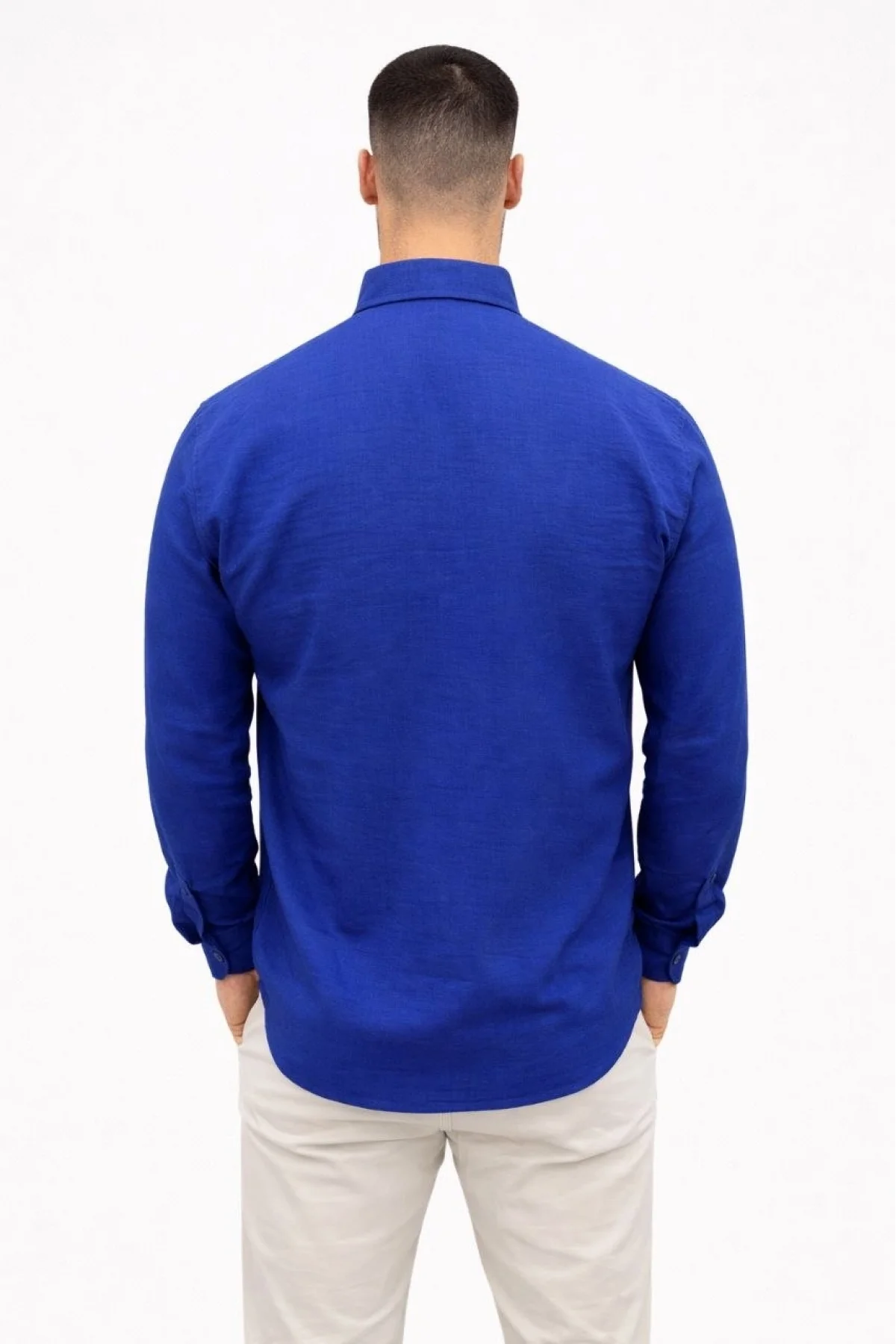 Erkek KETEN Kumaş Oversize Uzun Kollu Rahat Kalıp Gömlek - Saks Mavisi