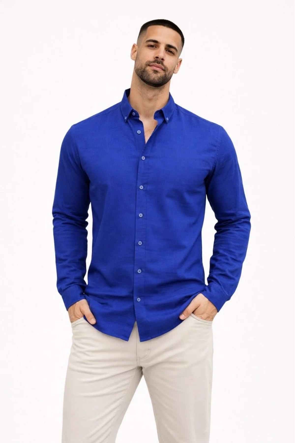 Erkek KETEN Kumaş Oversize Uzun Kollu Rahat Kalıp Gömlek - Saks Mavisi