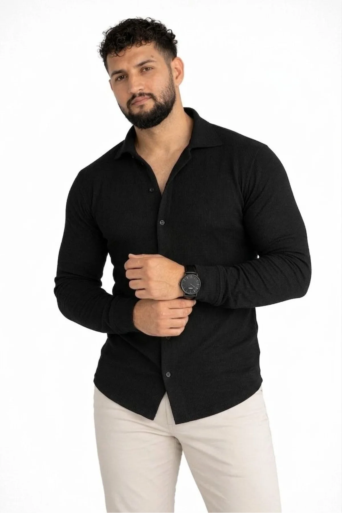 Erkek Waffle Kumaş Uzun Kollu Düğmeli Açık Yaka Regular Fit Gömlek - Siyah