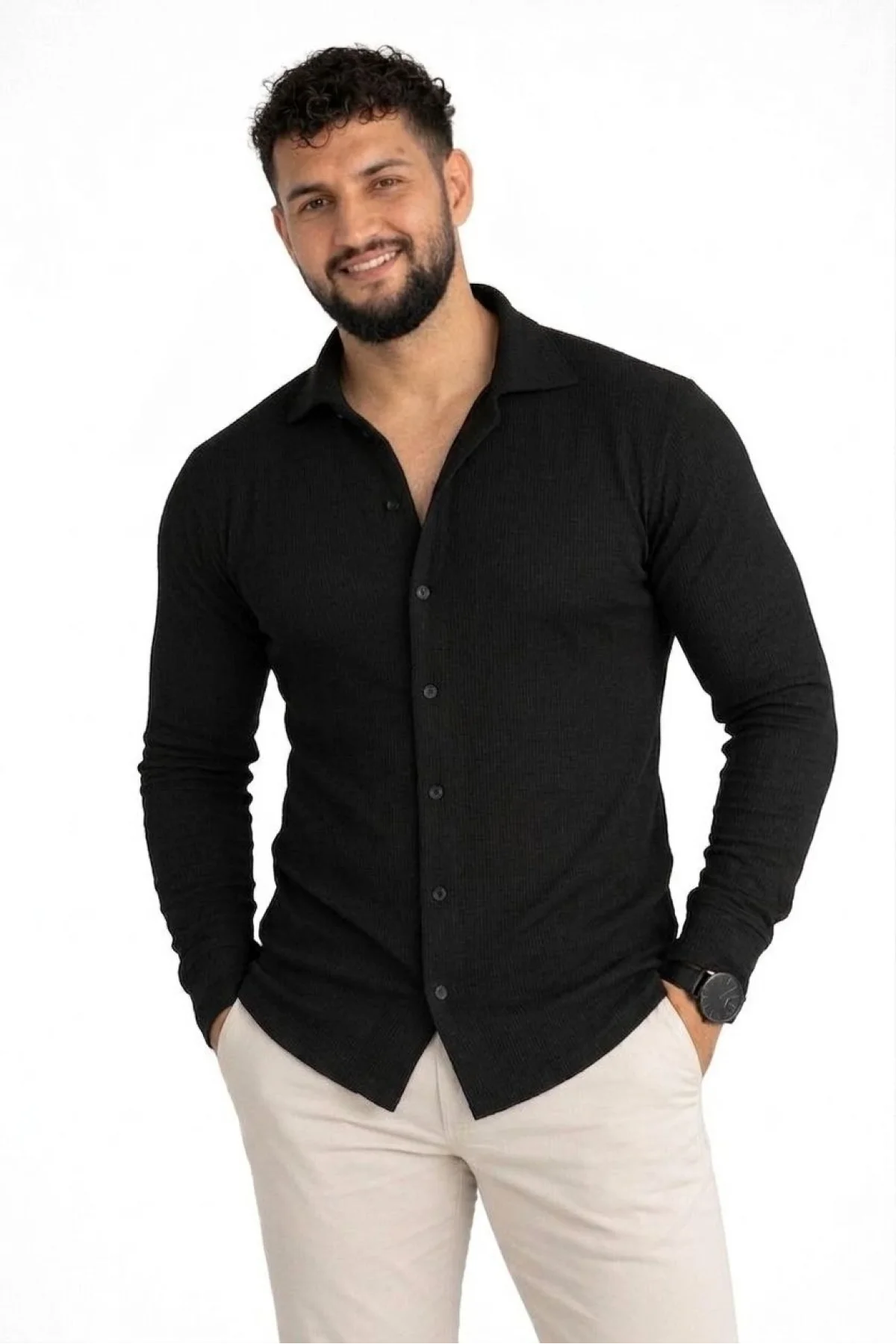 Erkek Waffle Kumaş Uzun Kollu Düğmeli Açık Yaka Regular Fit Gömlek - Siyah