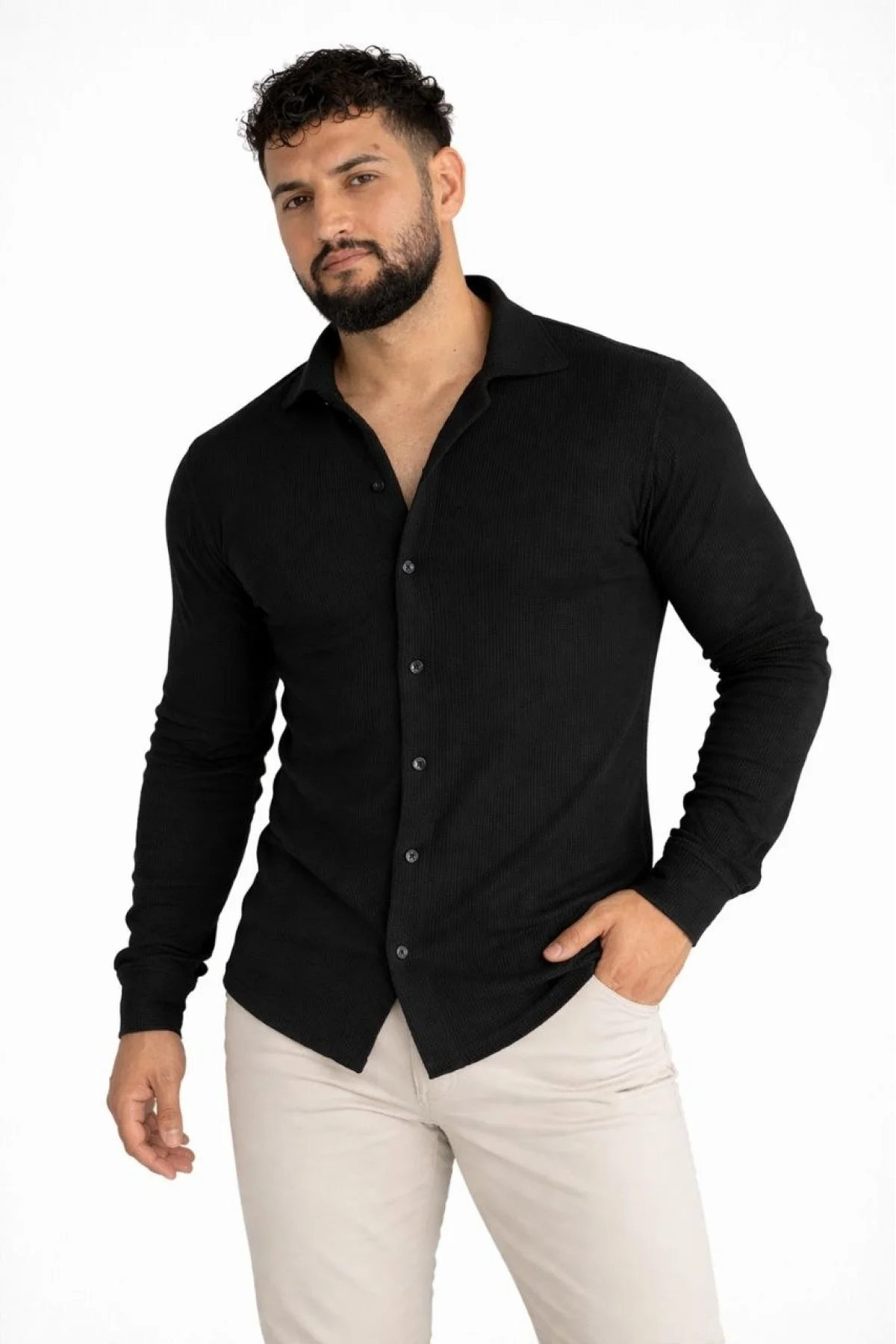 Erkek Waffle Kumaş Uzun Kollu Düğmeli Açık Yaka Regular Fit Gömlek - Siyah