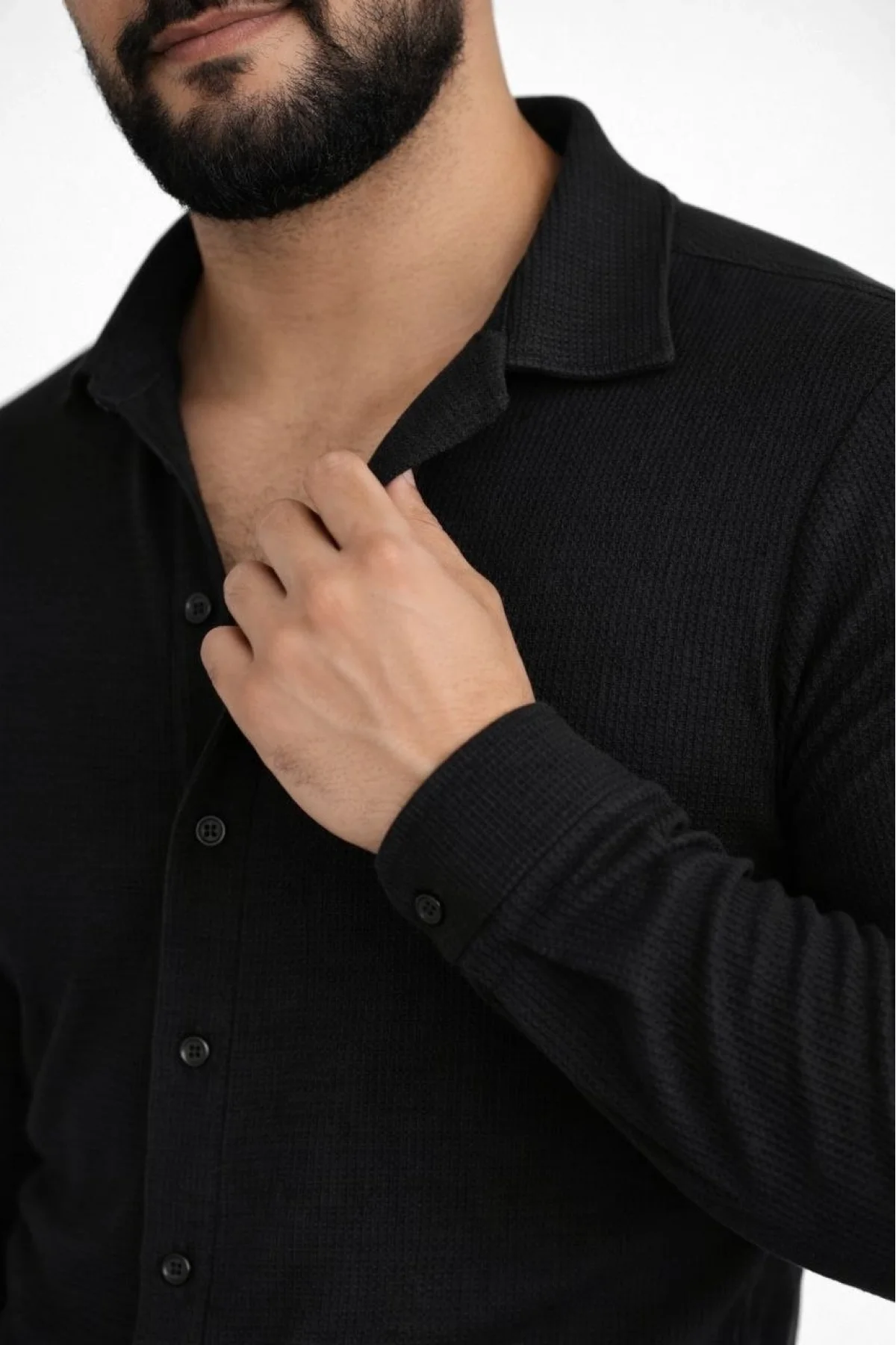 Erkek Waffle Kumaş Uzun Kollu Düğmeli Açık Yaka Regular Fit Gömlek - Siyah