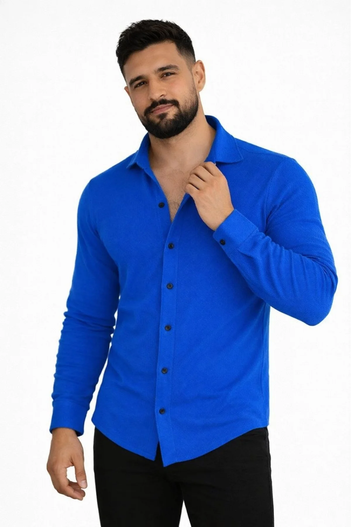 Erkek Waffle Kumaş Uzun Kollu Düğmeli Açık Yaka Regular Fit Gömlek - Saks Mavisi