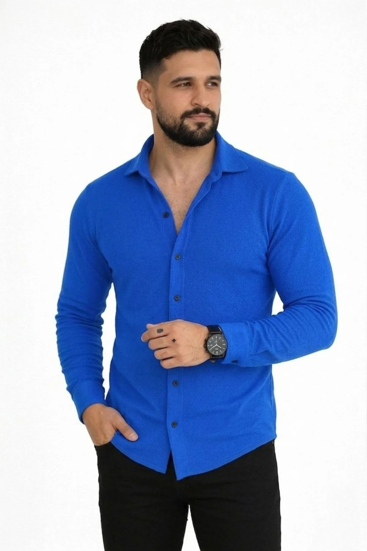 Erkek Waffle Kumaş Uzun Kollu Düğmeli Açık Yaka Regular Fit Gömlek - Saks Mavisi