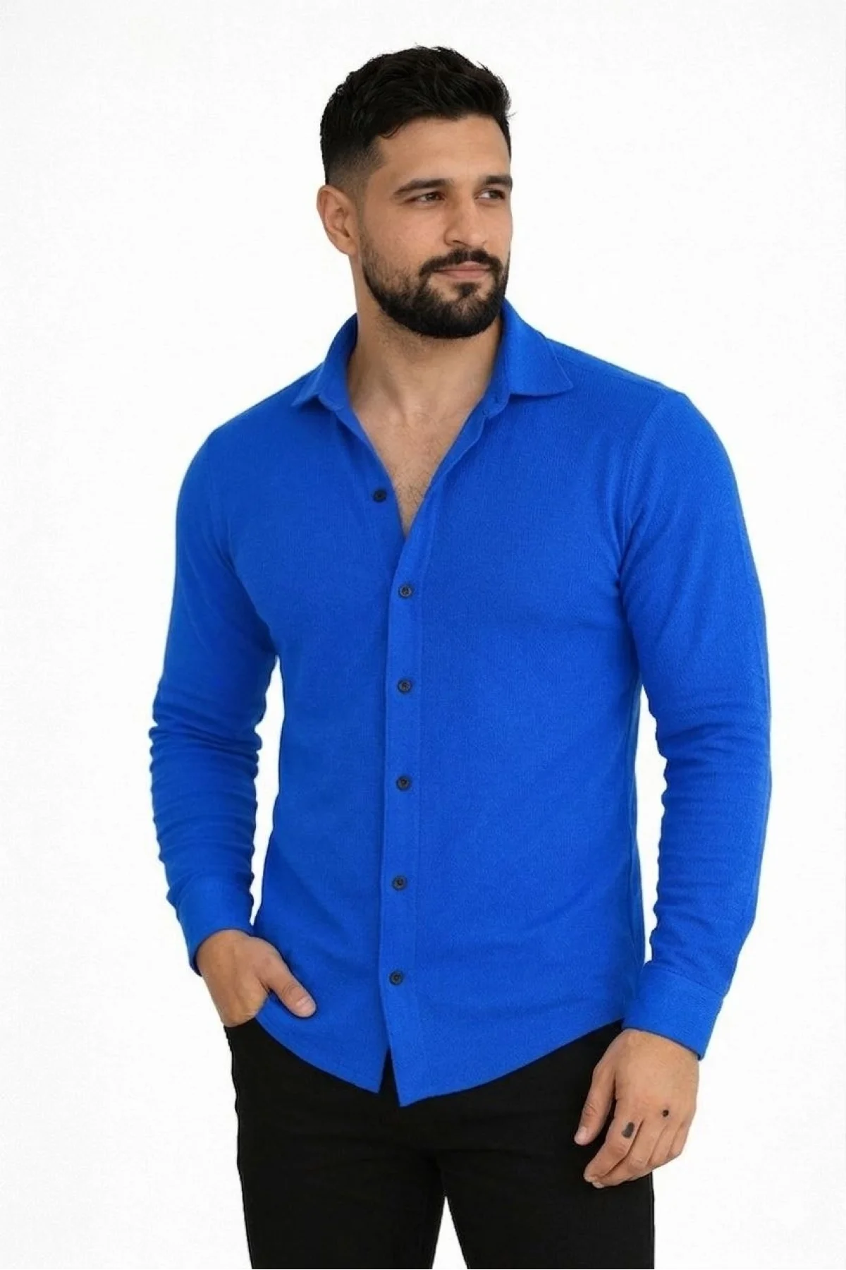 Erkek Waffle Kumaş Uzun Kollu Düğmeli Açık Yaka Regular Fit Gömlek - Saks Mavisi