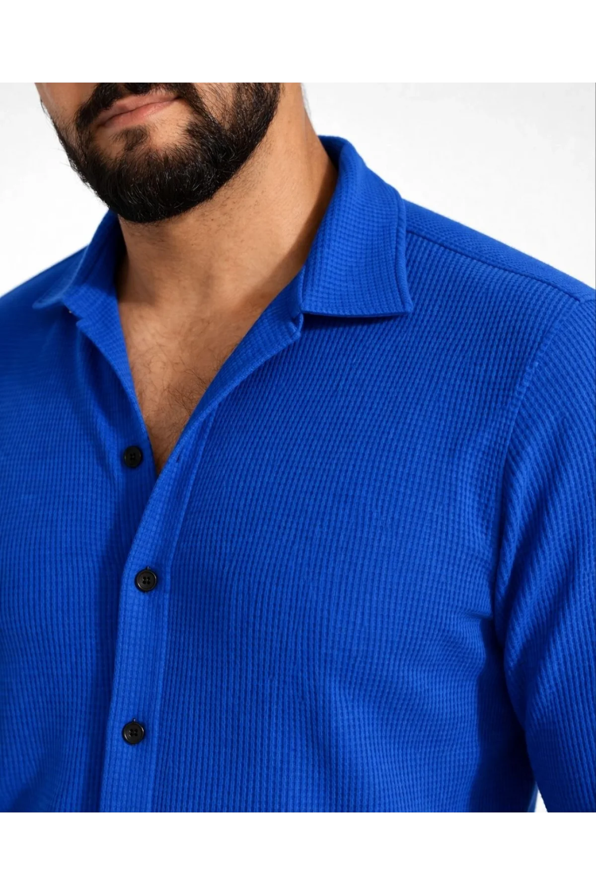 Erkek Waffle Kumaş Uzun Kollu Düğmeli Açık Yaka Regular Fit Gömlek - Saks Mavisi